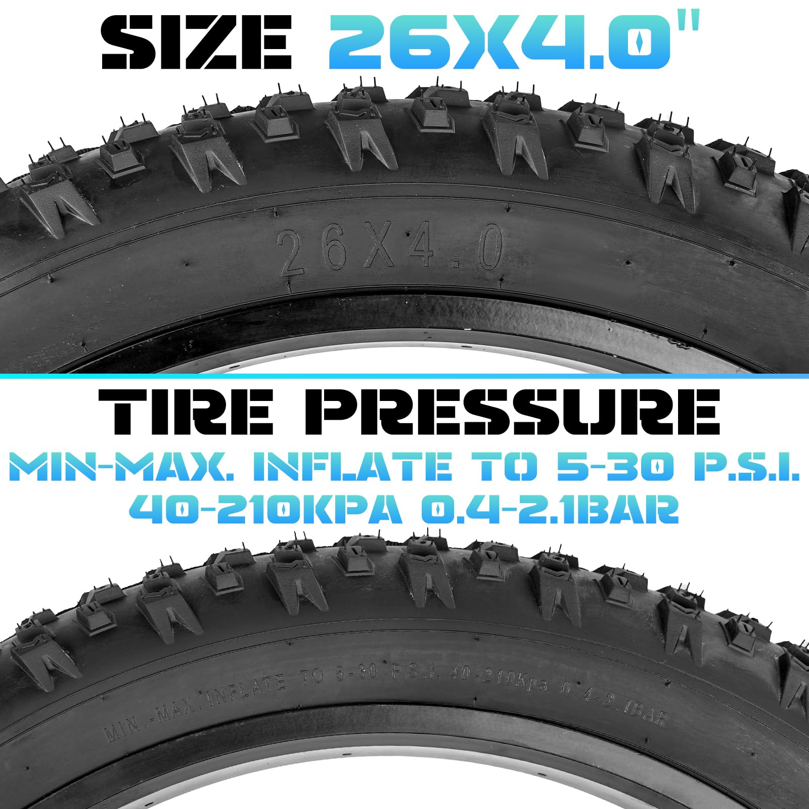 Pneu Fat Bike 20x4.0 et 26x4.0 (102-406/102-559), Vélo Électrique et VTT, Bande de Roulement à Motif granuleux, Adhérence Maximale sur Neige/Sable/Boue, 30 PSI