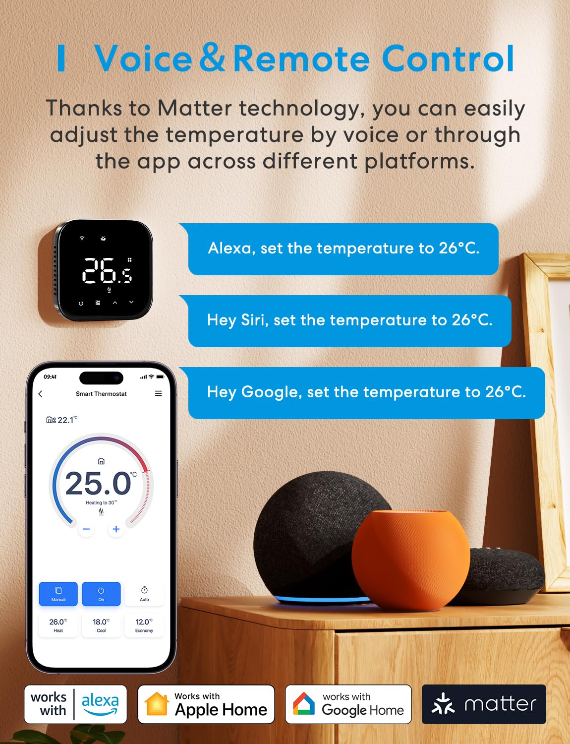Meross Inteligentny termostat, matowy, cyfrowy termostat pokojowy, Wi-Fi, do ogrzewania podłogowego i bojlera, inteligentny termostat ścienny z Siri, Alexa i Google, czarny