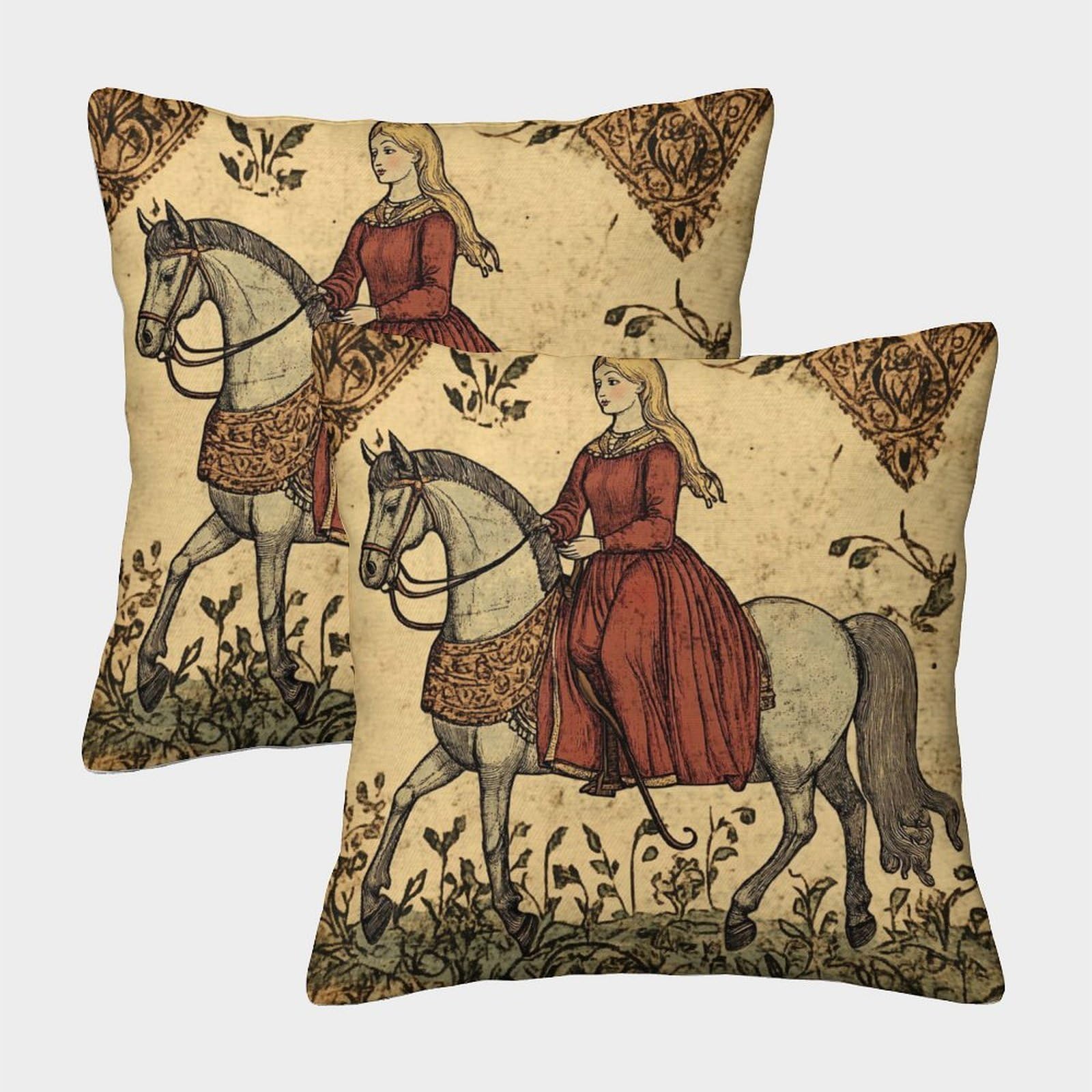 kaiyun 2 Pack Women on Horses,Medieval Art Pillow Case Home Decoration Sofa Cushion Cover 40x40cm