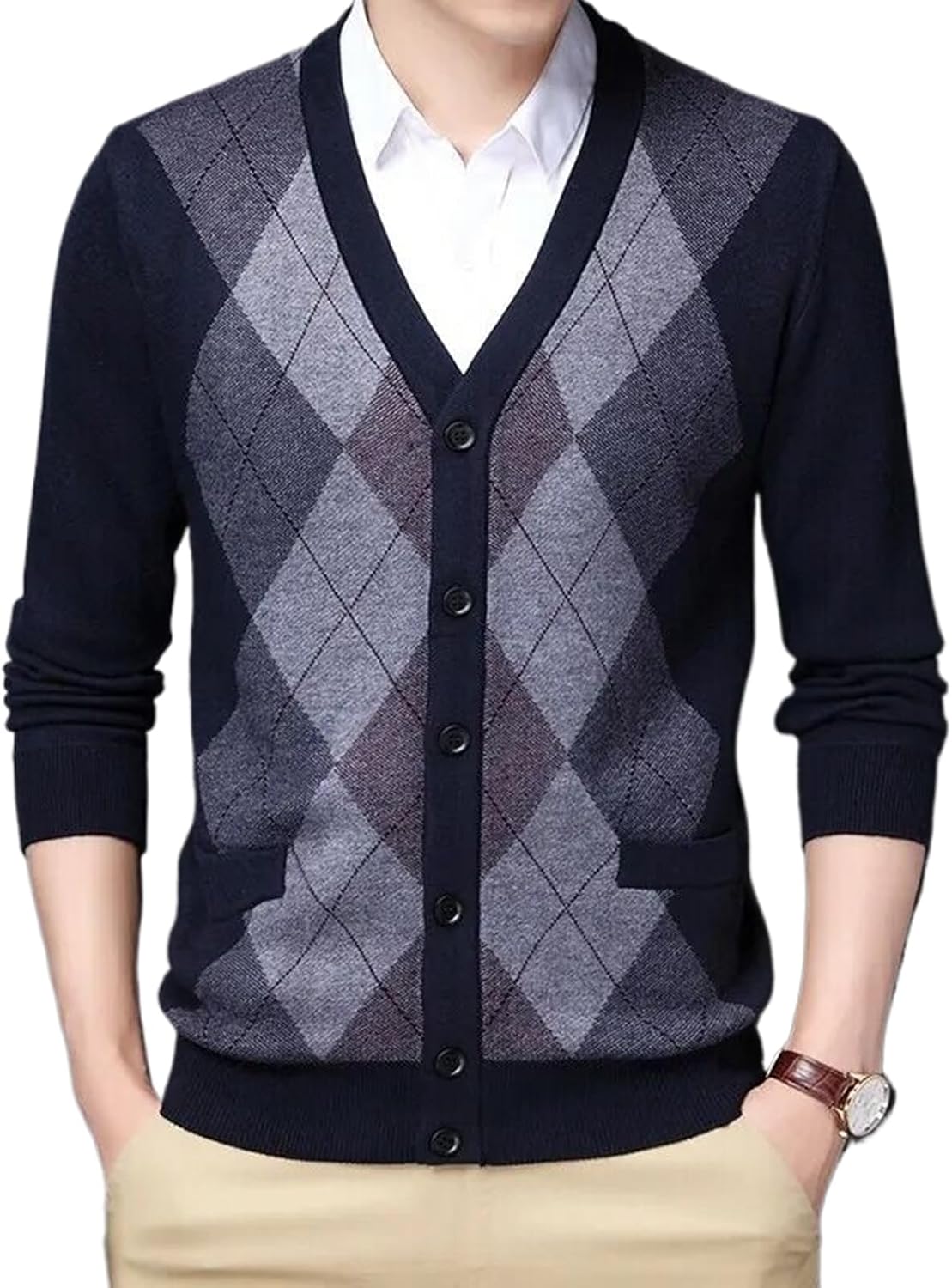 Spring Autumn Men's Patchwork Knit Cardigan V-Neck Casual Knitted Sweatercoat Slim Fit Sweater
