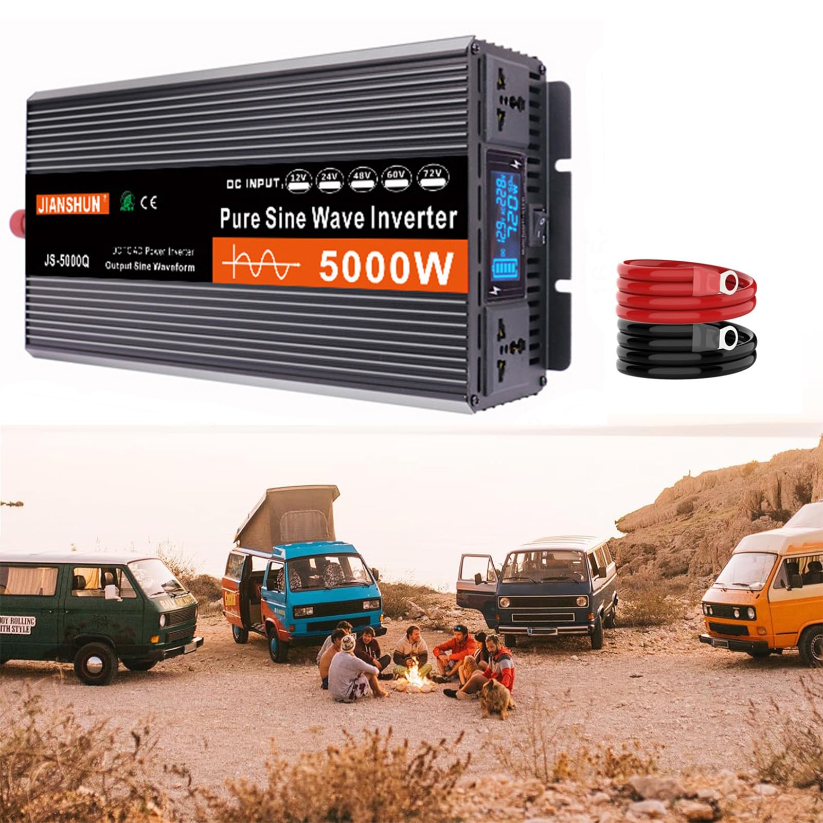3000W 4000W 5000W 6000W Przetwornica prądu DC 12V 24V na 220V AC z gniazdami ładowarki AC, samochodowe przetwornice energii słonecznej z wyświetlaczem LCD,5000W-12V