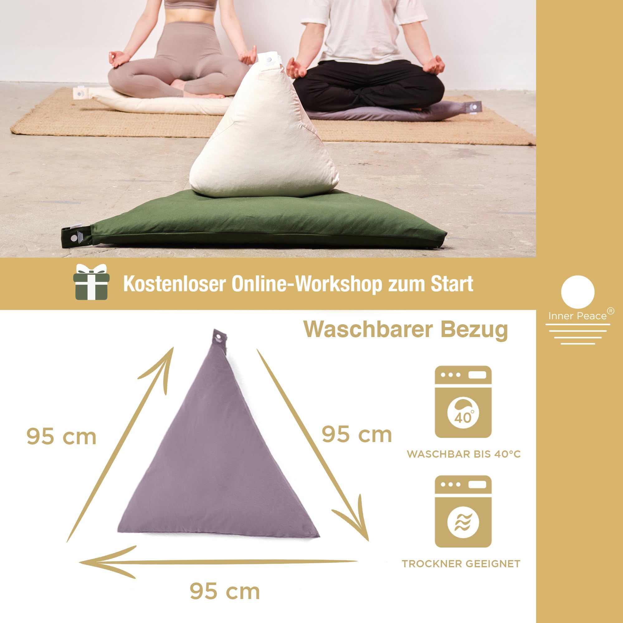 Inner Peace Dreieck Zabuton Meditationsmatte |100% Bio Baumwolle | Nachhaltig & Ergonomisch |Waschbarer Bezug| Unterlage für Meditationskissen | Zen Matte für Yoga & Meditation |Öko-Text Standard 100 | Nachhaltig & ergonomisch, waschbarer Bezug, Unterlage