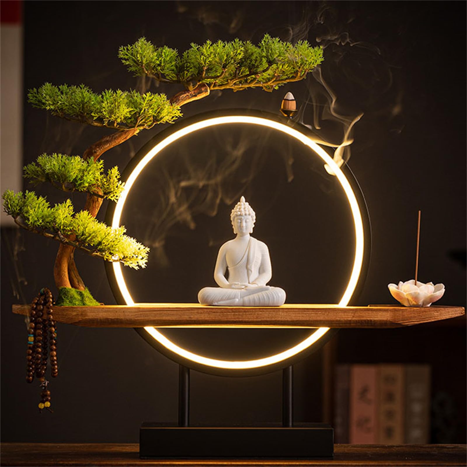 Large Buddhist Statue with Artificial Tree and LED Circle Table, Buddha Figure Lamp Wall Light 3D Mural Sconce Lamp Zen Light Wall Decor Hanging Artwork Wall Art for Living Room Incense Porch,03