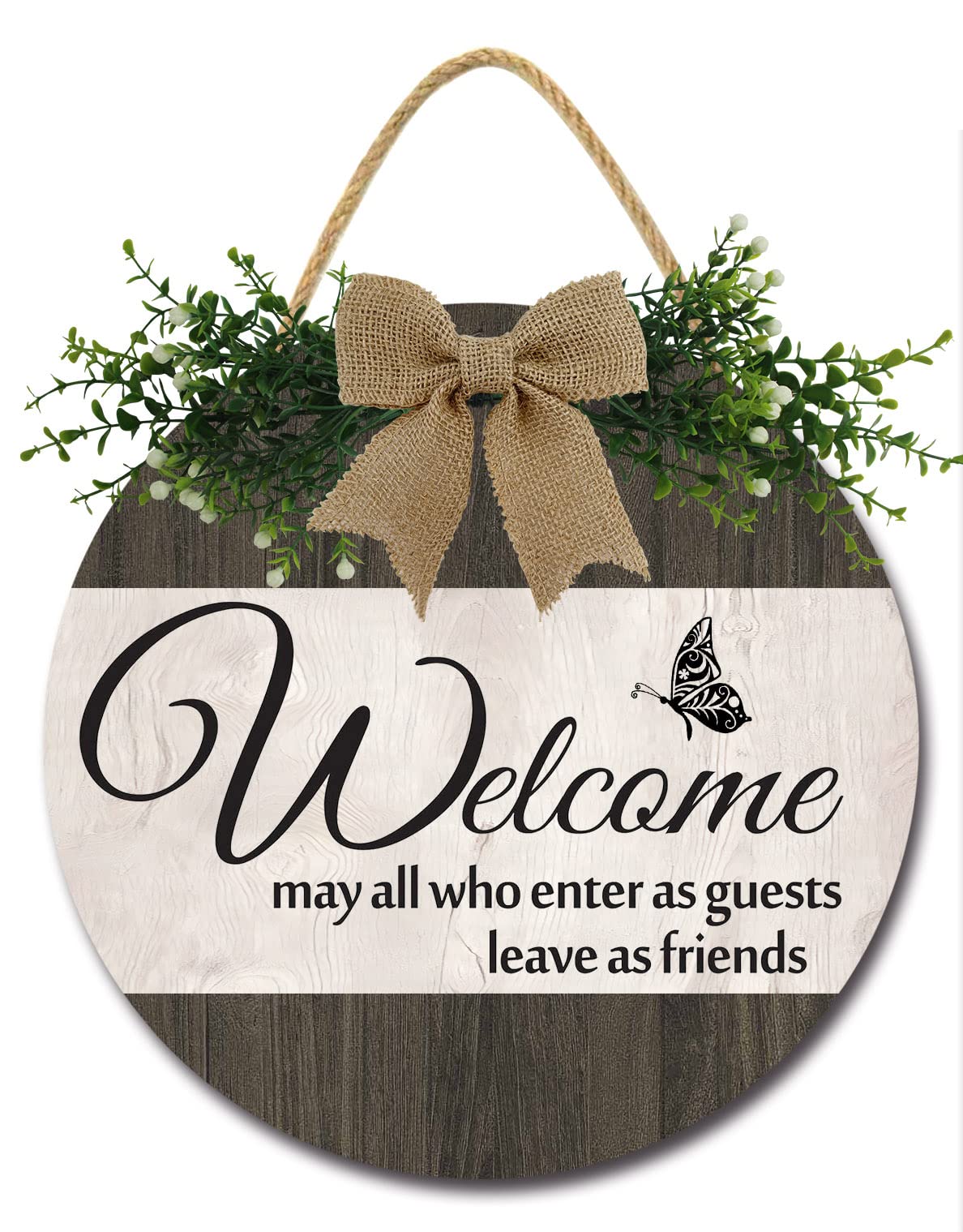 Welcome May All Who Enter as Guests Leave as Friends Sign for Front Door Rustic Welcome Wreaths Sign for Farmhouse Front Porch Decorations Round Wood Hanging Sign for Home Decor Outdoor Indoor