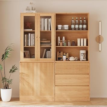 TUSY Tall Bookcase with Glass Doors and Drawers,71 Wooden Bookshelf with Storage,Display Cabinet for Living Room, Home Office,Set of 2 A+B