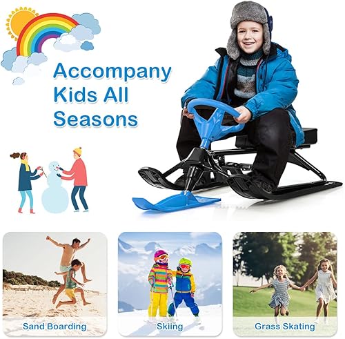 Miniatura 5 de Costzon Trineo Snow Racer, trineo de esquí con volante y frenos dobles, marco de acero duradero, gran capacidad de peso de 220 libras, trineo