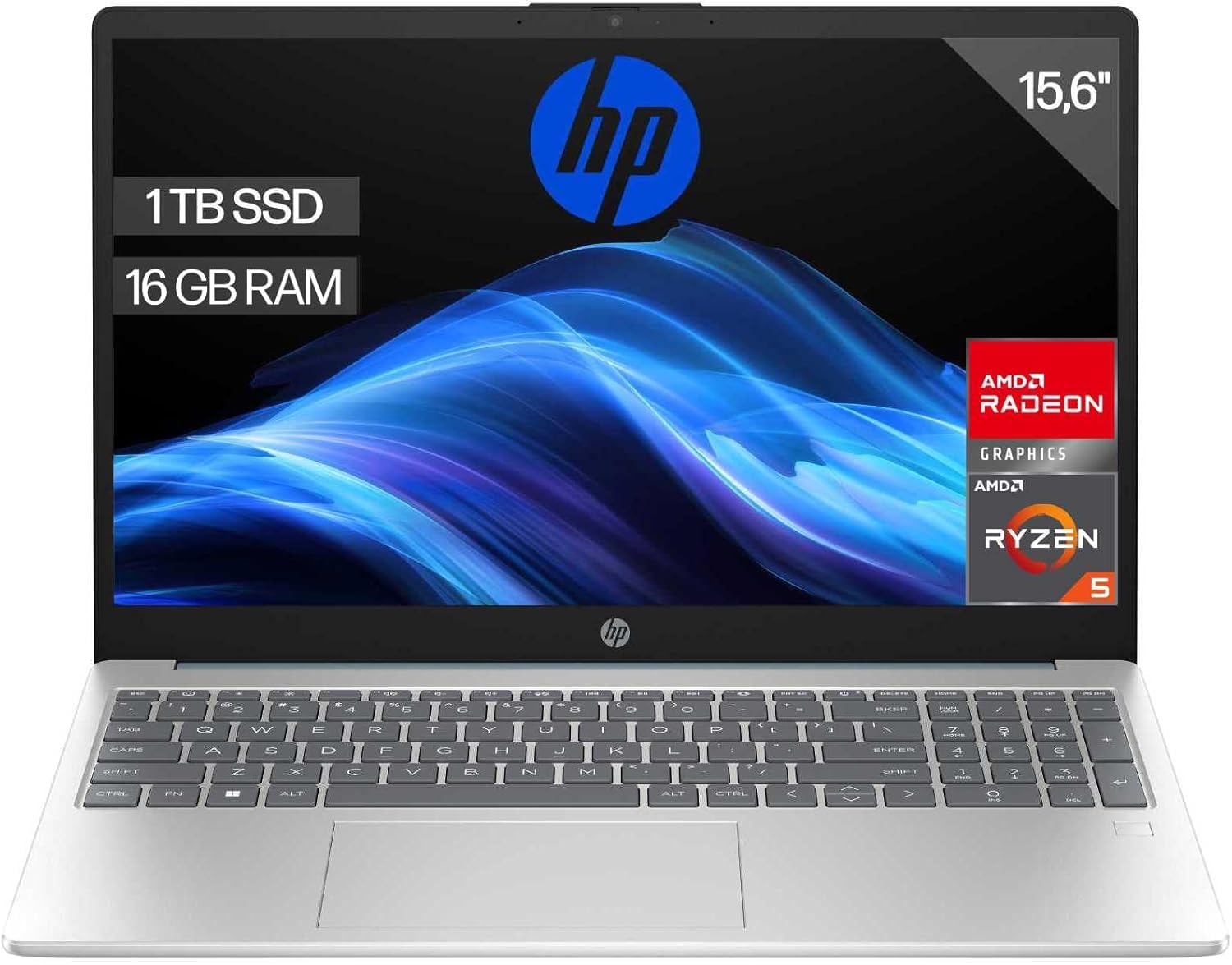 HP Laptop 39,6 cm (15,6 Zoll) FHD (AMD Ryzen 5-7520U, 16 GB RAM, 1 TB SSD, AMD Radeon Graphics, ohne Betriebssystem), Silber und Blau, spanische QWERTY-Tastatur