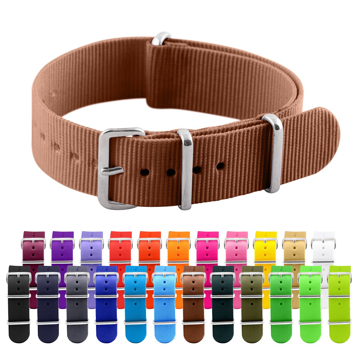 Clockwork Synergy® - Classic SS Nylon Ballistic Watch Band Straps - Brown - 20mm Interchangeable Replacement Military Watch Strap