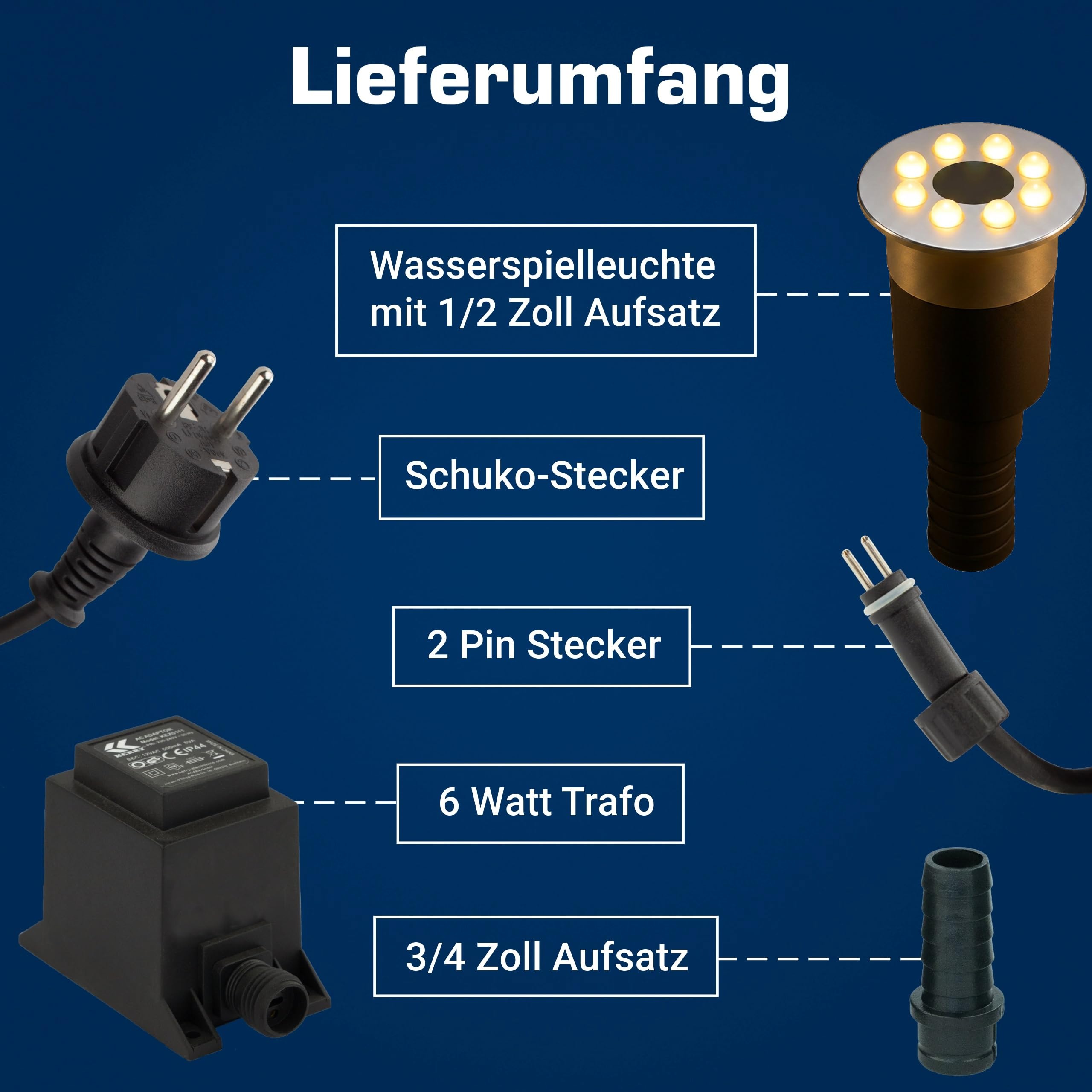 Wasserspielleuchte warmweiß, inkl. Trafo, 0,6 Watt, IP68, 12V, 103 LUX, 650 cm Kabel, 8 LED, LED Ring Brunnen, Wasserspielbeleuchtung | Springbrunnen-Beleuchtung | Quellsteinbeleuchtung
