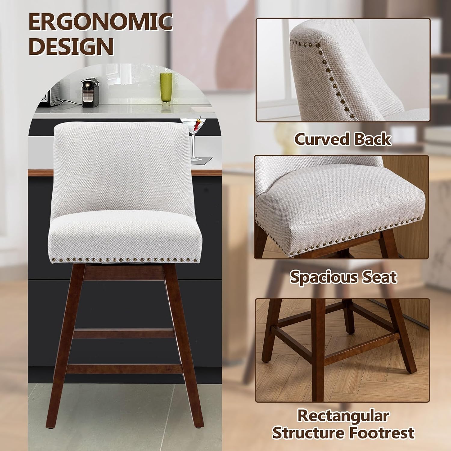 cinkehome Swivel Counter Height Bar Stool with Back Set of 2, 26" High Modern Barstools or Kitchen Island, Upholstered Bar Stools with Sturdy Wood Legs, Dinings, Pub