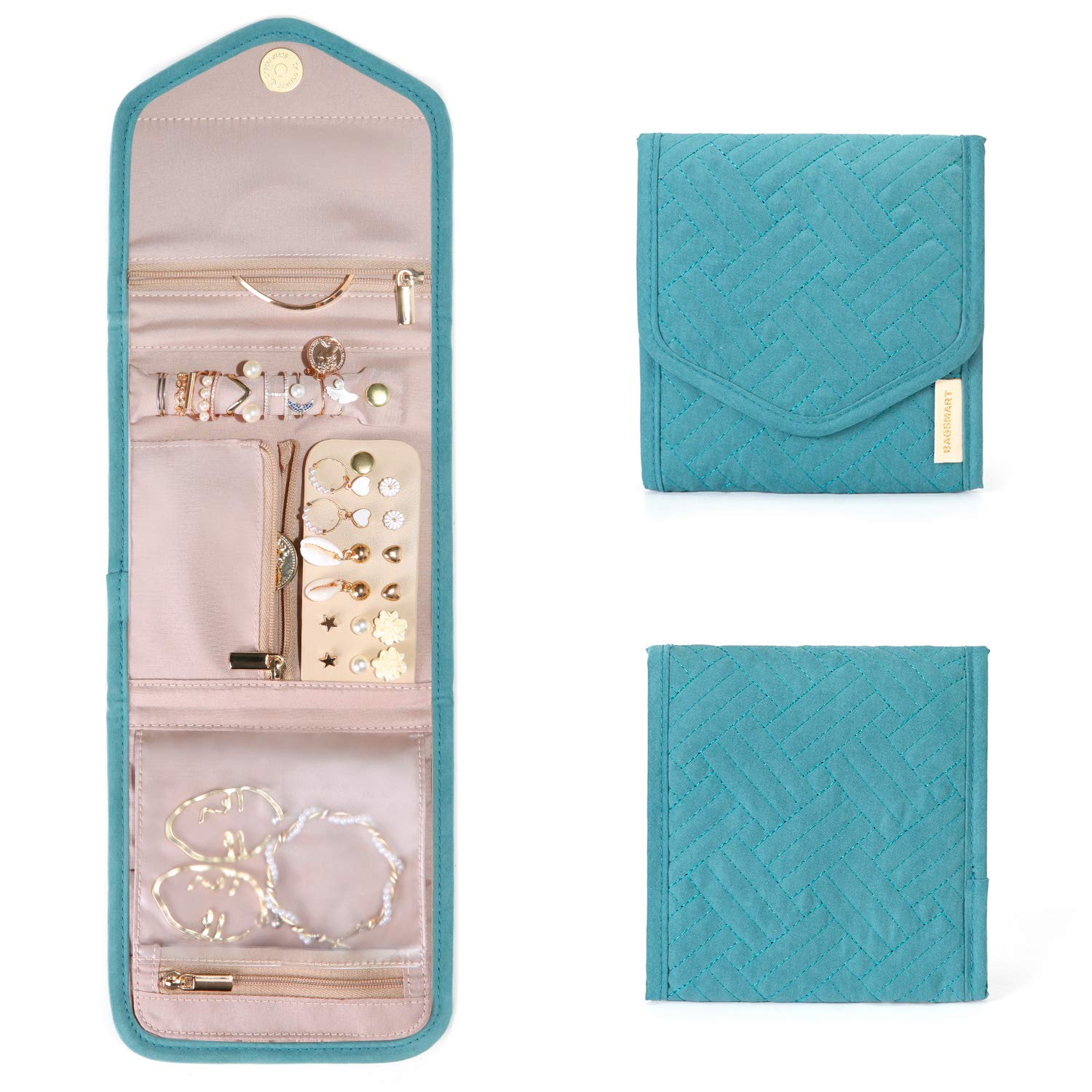 BAGSMART Travel Jewelry Organizer Case Foldable Jewelry Roll,Mini,Teal