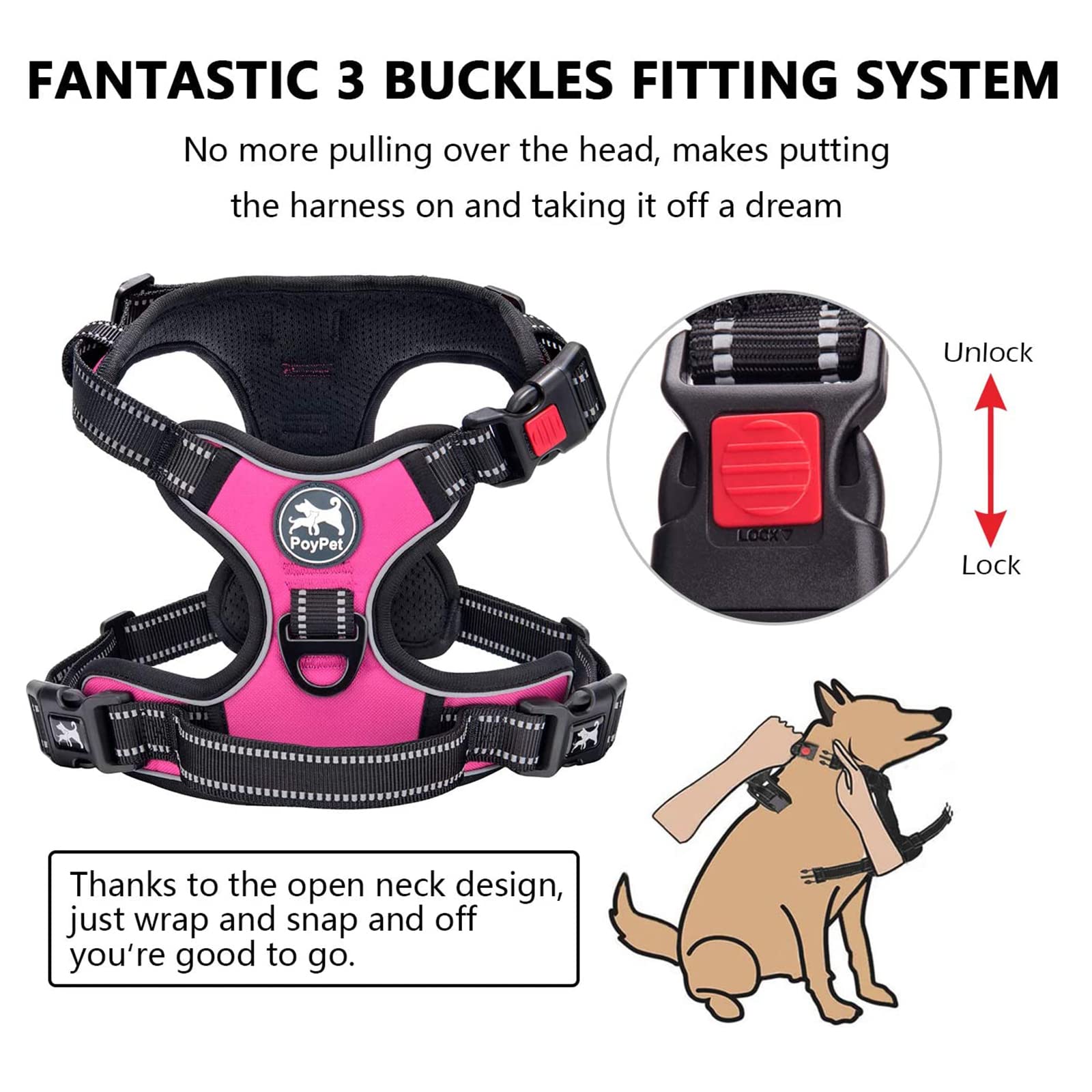 PoyPet No Pull Dog Harness with Neck Release Buckle, Reflective No-Choke Harness with 2 Leash Clip - Image 4