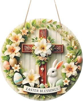 Easter Wooden Wreath with Cross - 11.2 Inch Round Wall Hanging Decor, Religious Wood Sign for Front Door, Home, Church, Holiday & Spring Decorations
