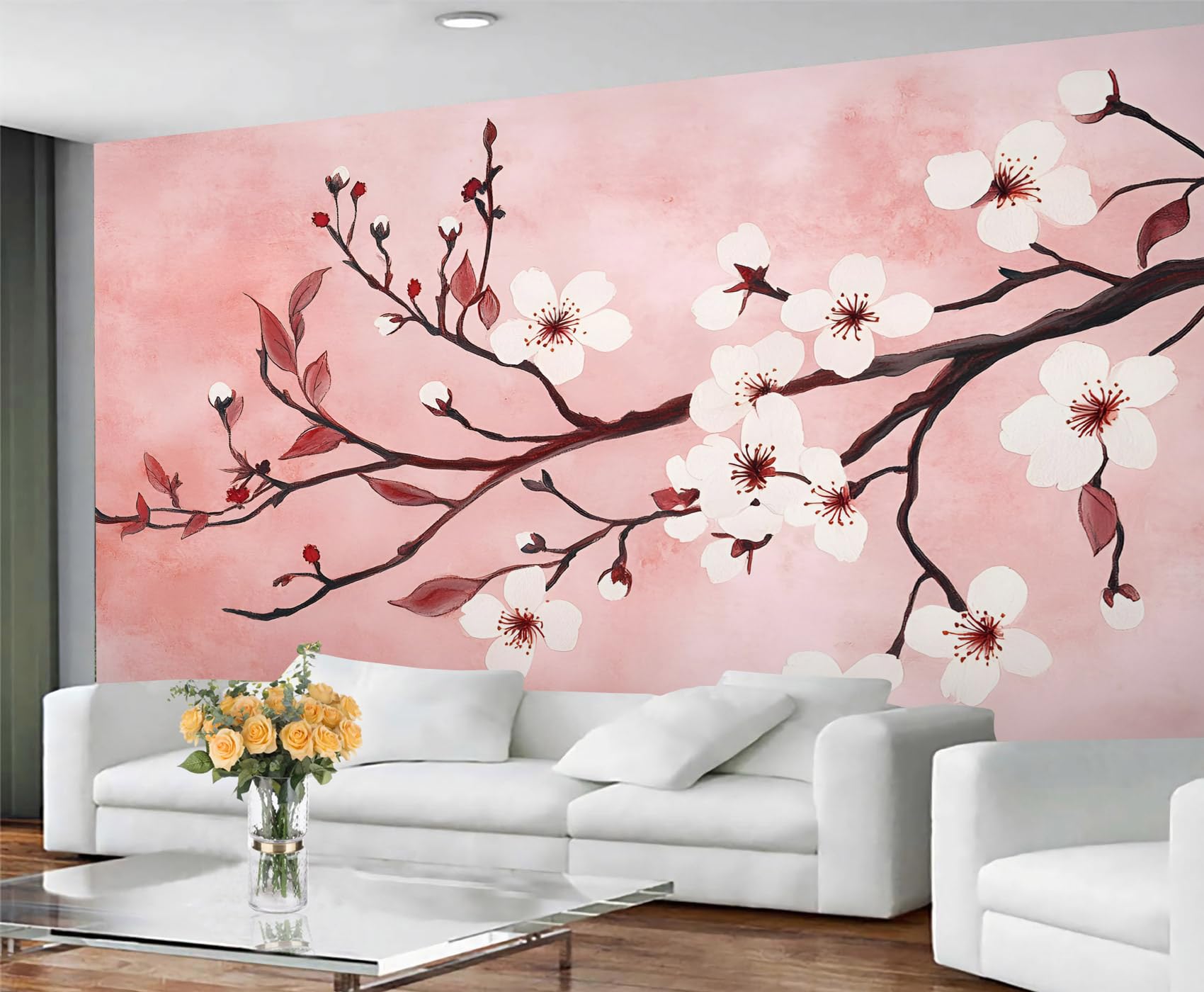 GIVLWF Wallpaper Cherry Blossom Bedroom Wallpaper Murals, Japanese Wall Paper for Living Room, Large Mural & Room Decor, Vintage Pink Wall Paper - Not Self Adhesive