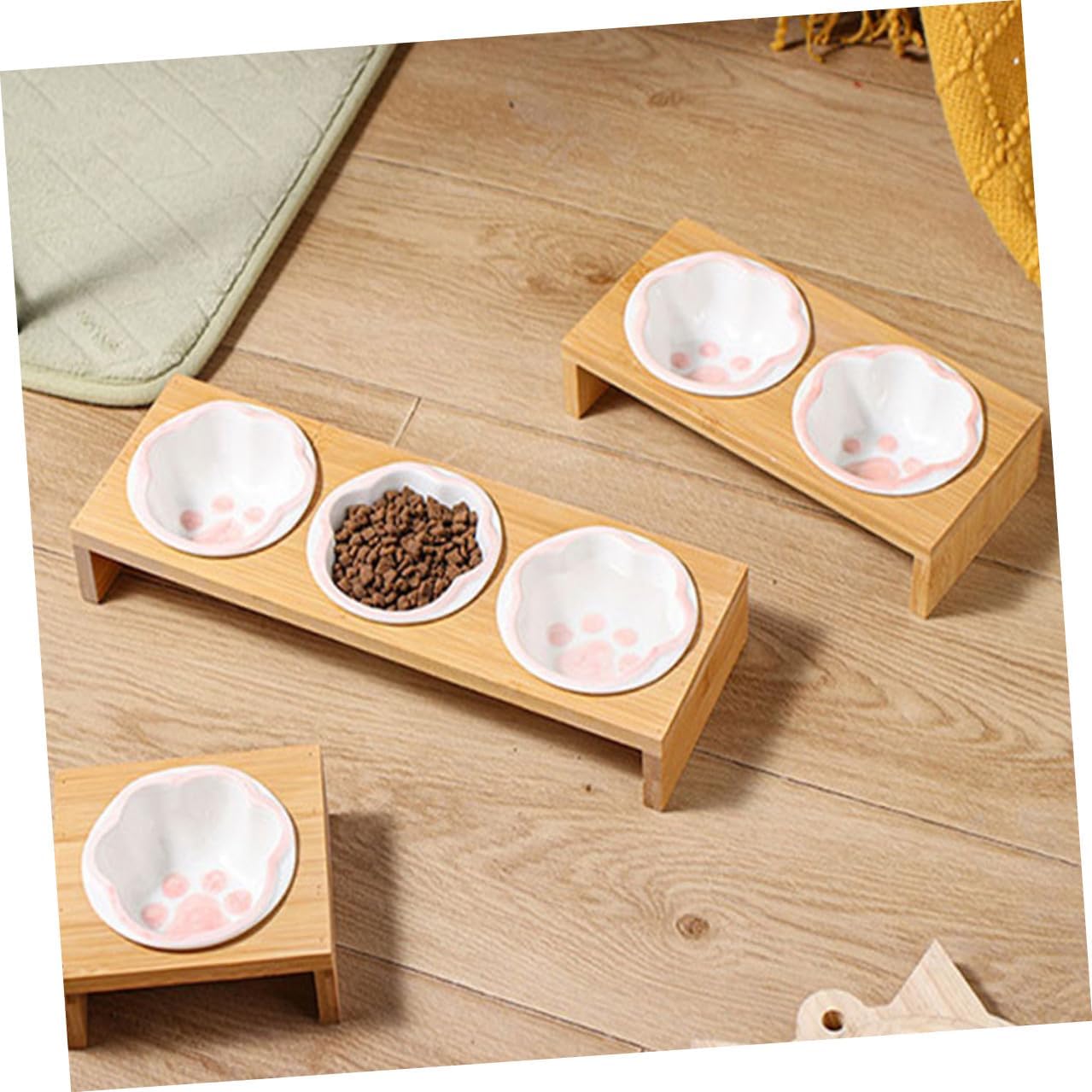 Totority Ceramic Cat Bowl with Stand Elevated Pet Feeding Bowl Set of 3 for Indoor Cats Neck Protection Design Household Convenient Pet Dish