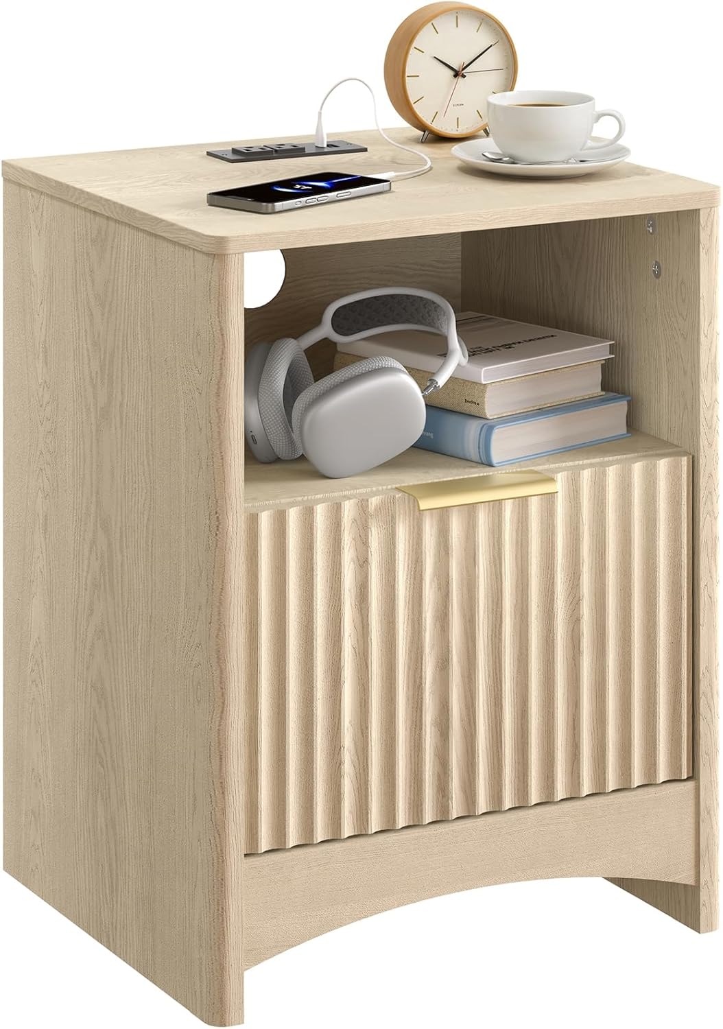 Marsail Fluted Nightstand with Charging Station, Adjustable Bedside Table with USB & AC Ports, 1 Drawer End Table, Wood Grain Finish, Sleek Wide Handle, Perfect for Bedroom, Natural Oak