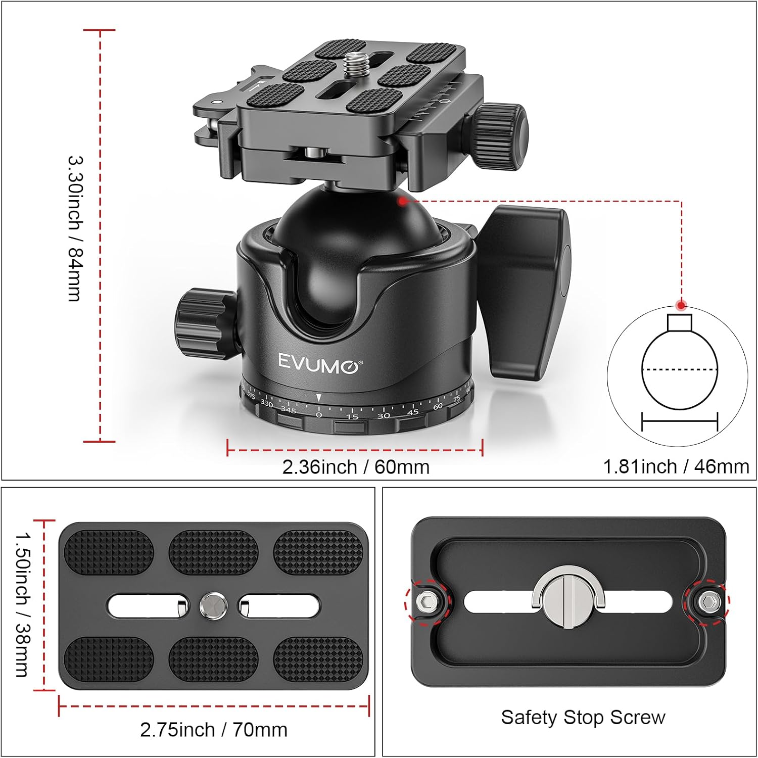 EVUMO EX46L Lever Tripod Ball Head with Stainless Steel Lock Pin, 46mm Low Profile Ball Head Mount with Arca Swiss Quick Release Plate, Compatible with Tripod Monopod DSLR Camera Camcorder Telescope