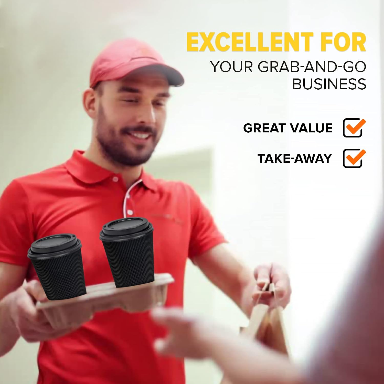 Fit Meal Prep [50 Pack] Disposable Hot Cups with Lids - 20 oz Black Double Wall Insulated Ripple Sleeves Coffee Cups with Black Dome Lid - Kraft Paper Cup for To Go Chocolate, Tea, and Cocoa Drinks