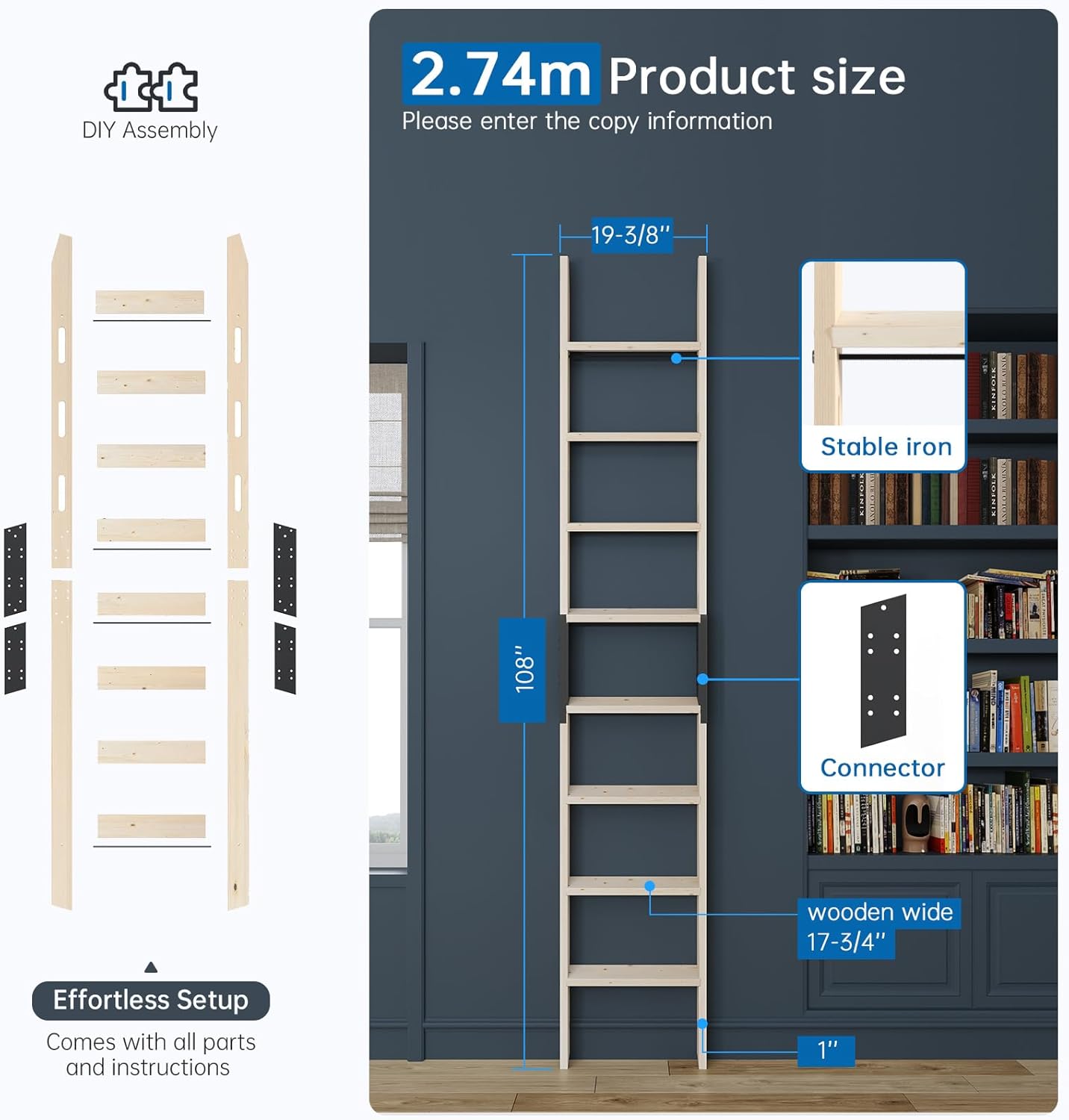 Rolling Library Ladder 9ft,450lbs Capacity,8 Steps with Build-in Handrail,Solid Wood,Easy Assembly for Loft Bookshelf Kitchen Attic Outdoors,DIY Stain (No Sliding Hardware)