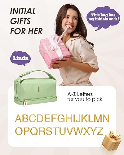 Miniatura 2 de Regalos para mujeres, bolsa de maquillaje personalizada con asa, bolsa de cosméticos con inicial de doble capa con organizador de brochas de