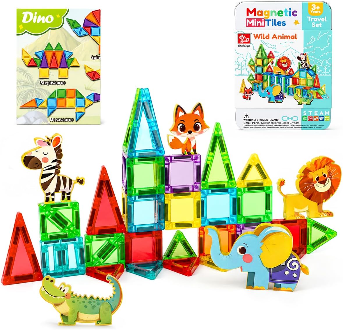 45PCS Mini Magnetic Tiles-Animal Toddler Travel Set with Case | Magnetic Building Blocks Essentials Travel Set Kids Games Montessori Preschool Sensory Toys for 3+ Year Old Boys Girls Gifts
