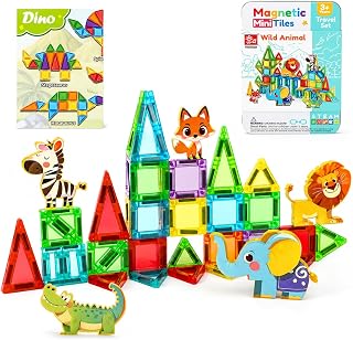 45PCS Mini Magnetic Tiles-Animal Toddler Travel Set with Case | Magnetic Building Blocks Essentials Travel Set Kids Games Montessori Preschool Sensory Toys for 