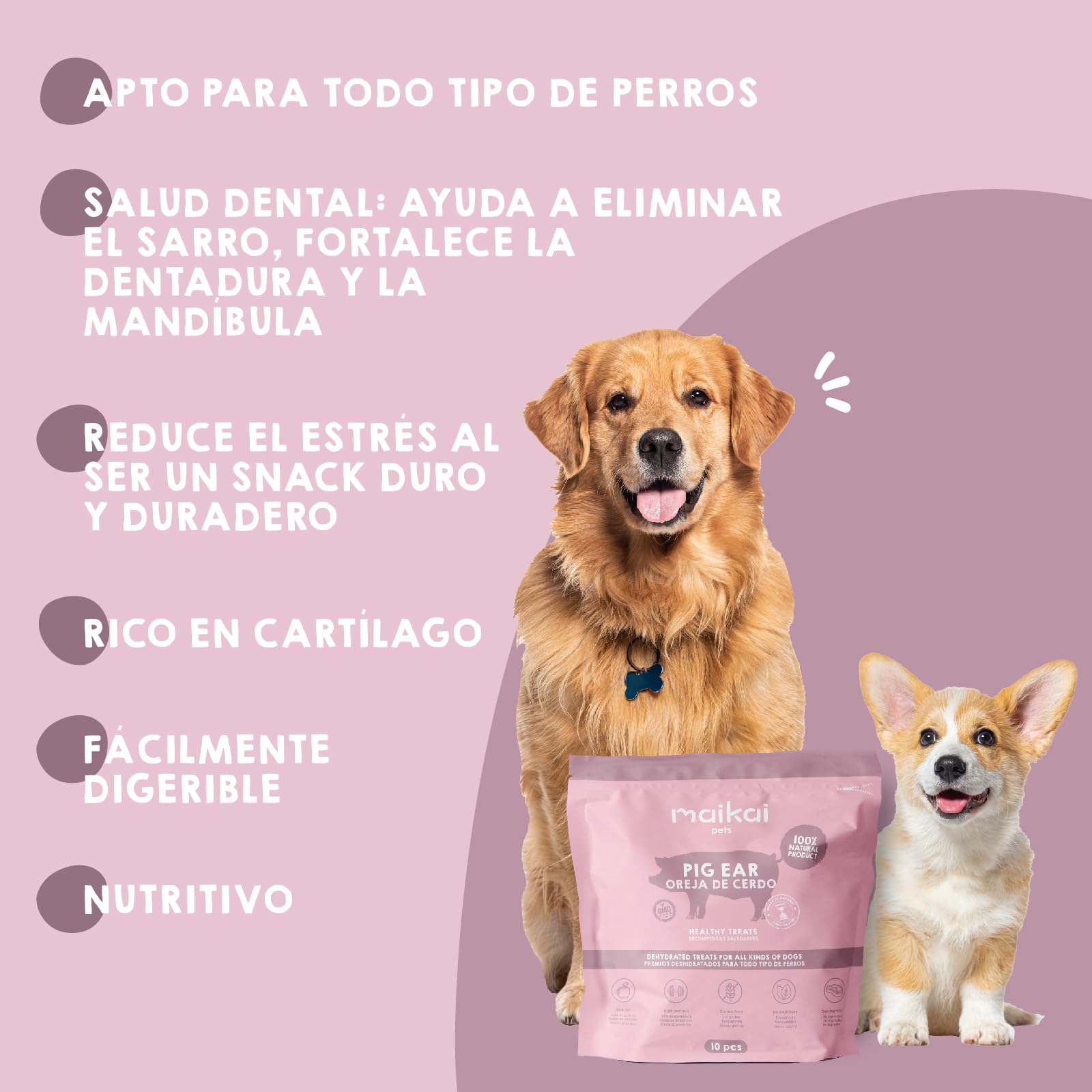 MAIKAI Pack 10 Orejas de Cerdo para Perros Golosinas Naturales para Perros Snacks 100% Naturales y Mordedor Natural Alternativa a Huesos Premios Saludables para Perros
