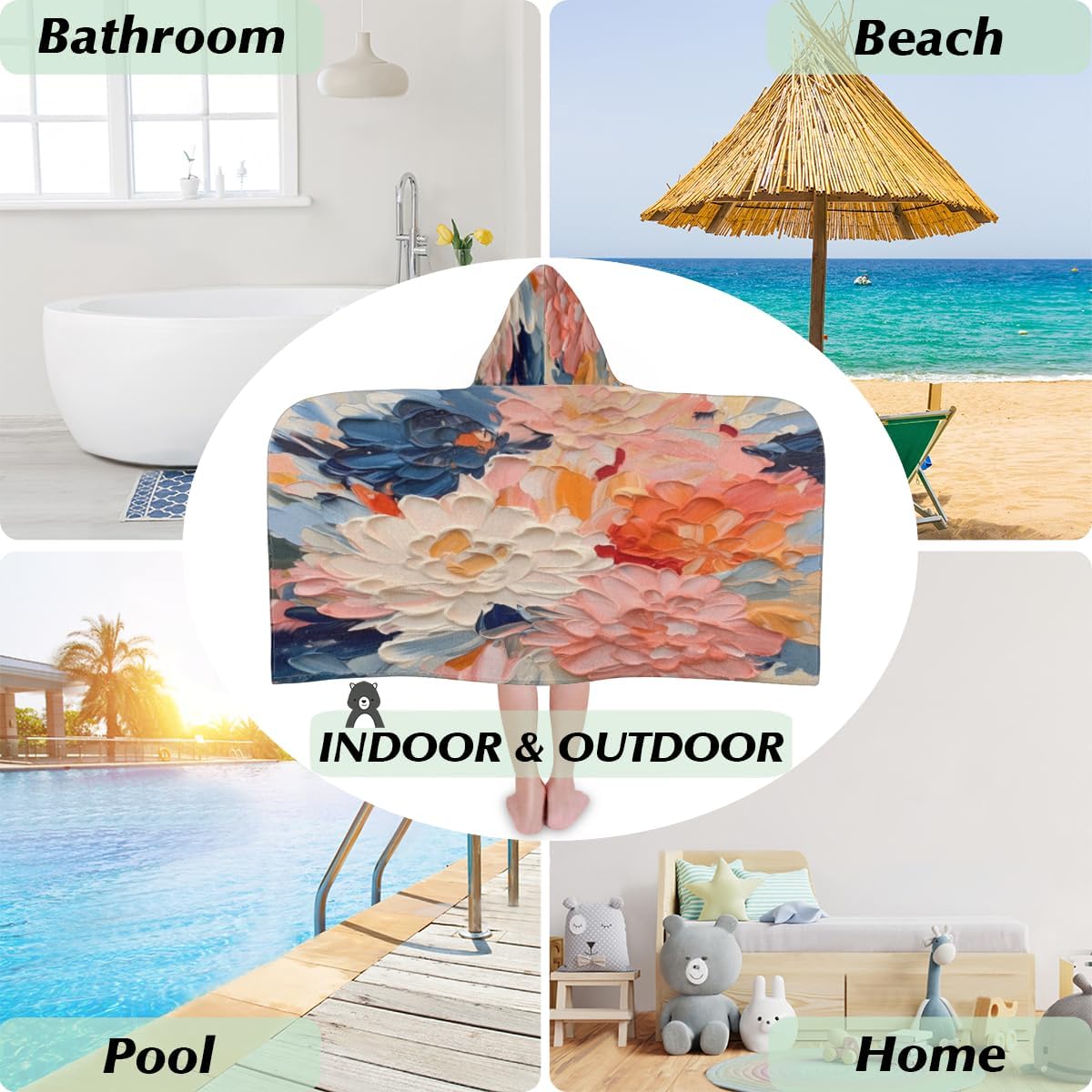 Kids Bath Towel Oil Painting Flower Beach Towel with Hood Pool Cover Up for Girls Boys Soft Absorbent Hooded Bath Towel Toddler Towels for Beach, Pool