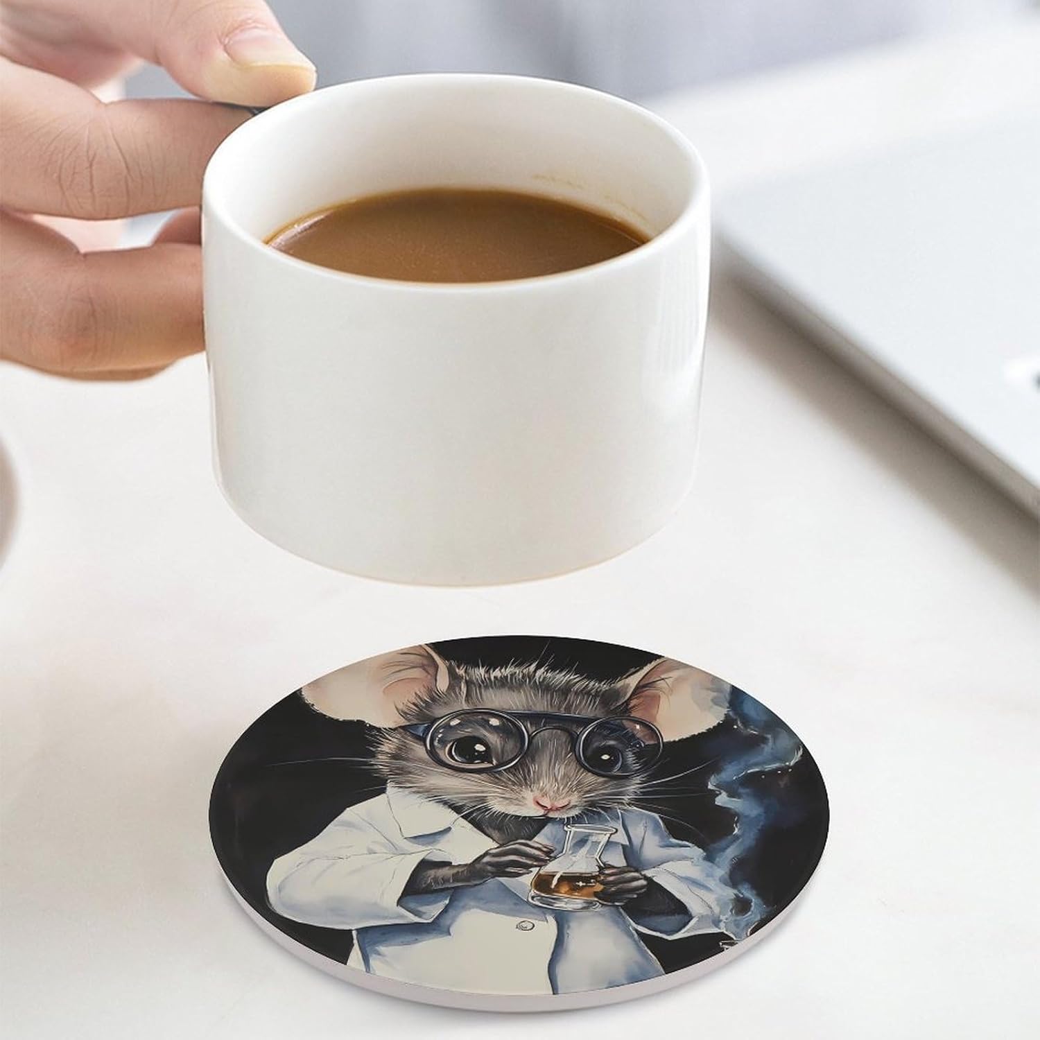 Lab Rat Round Ceramic Coasters for Drinks Absorbent Cup Holder Tabletop Protector with Cork Base