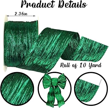 Green Crinkled Wired Ribbon for Easter, Crafts, Gift Wrapping, Wreath Bows - Sparkling Decoration for Home, Birthday, Party, Wedding - 2.5 X 10 Yard