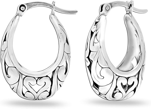 LeCalla Sterling Silver Jewelry Floral Filigree Light-Weight Oval Hoop Earrings for Women Girls