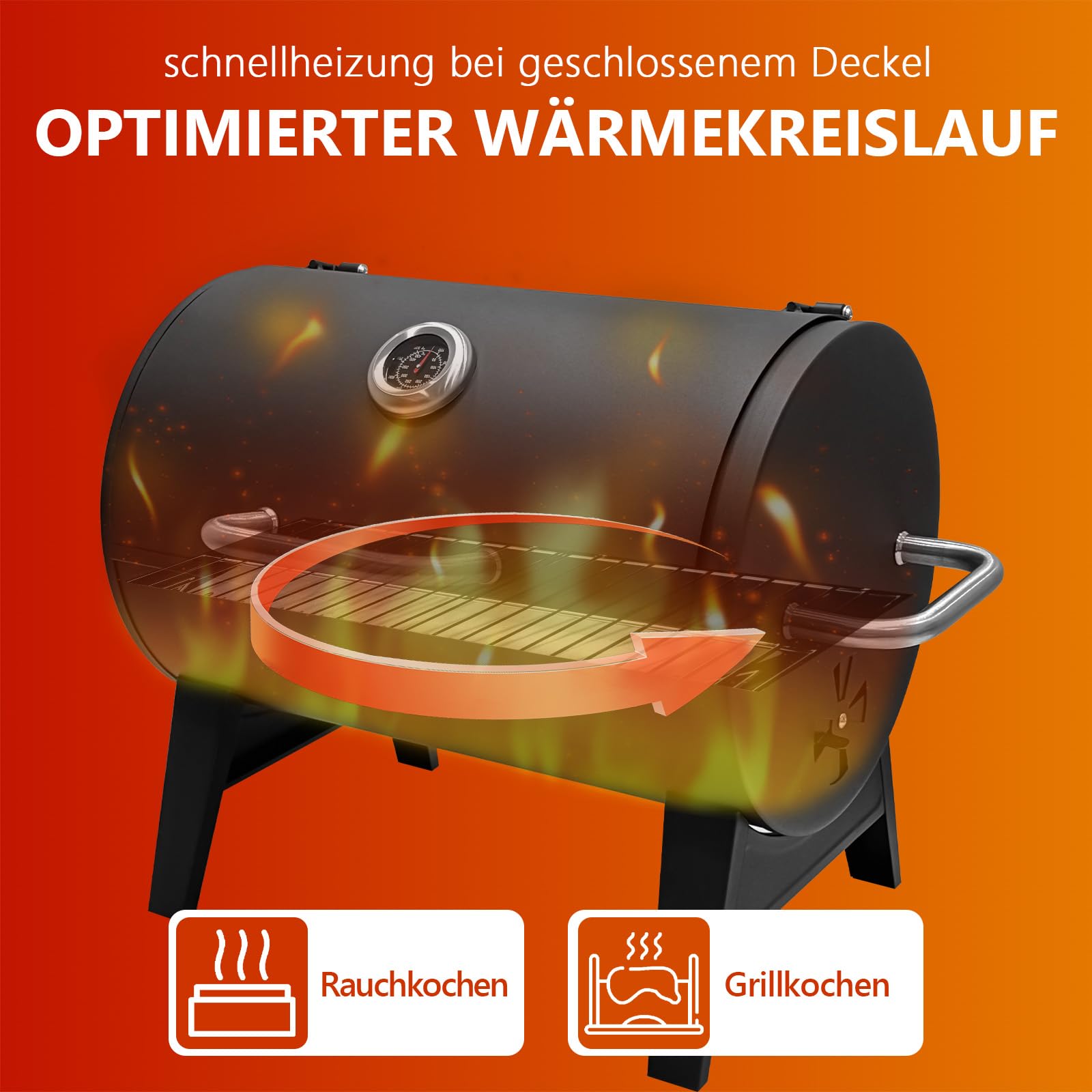 Holzkohlegrill mit Thermometer, Barrel-Design, Schwarz