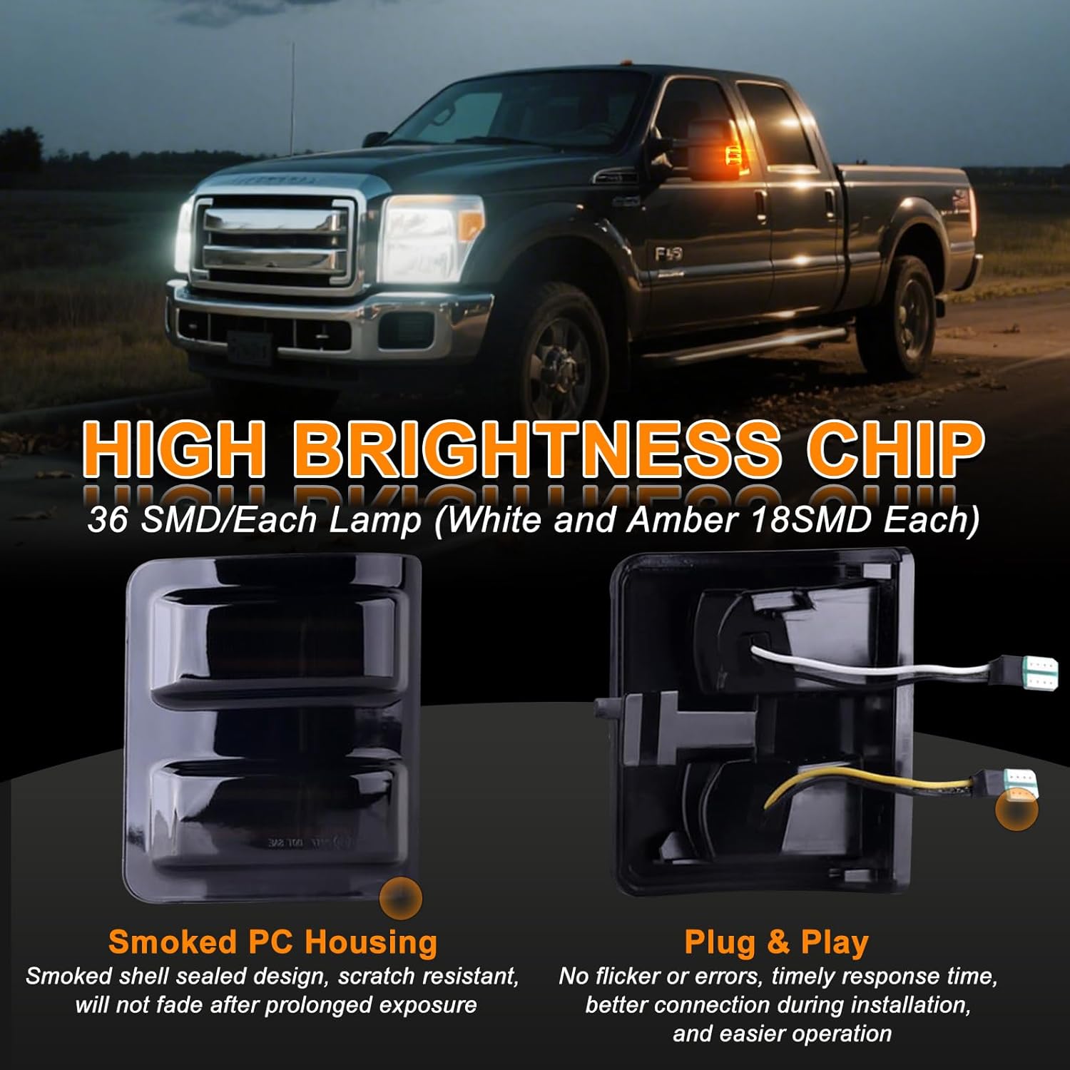 LED Side Mirror Marker Light for 2008-2016 Ford F250 F350 F450 F550 Super Duty,Amber+White Dual Color 2 PCS Smoked Lens Turn Signal Daying Running Lights