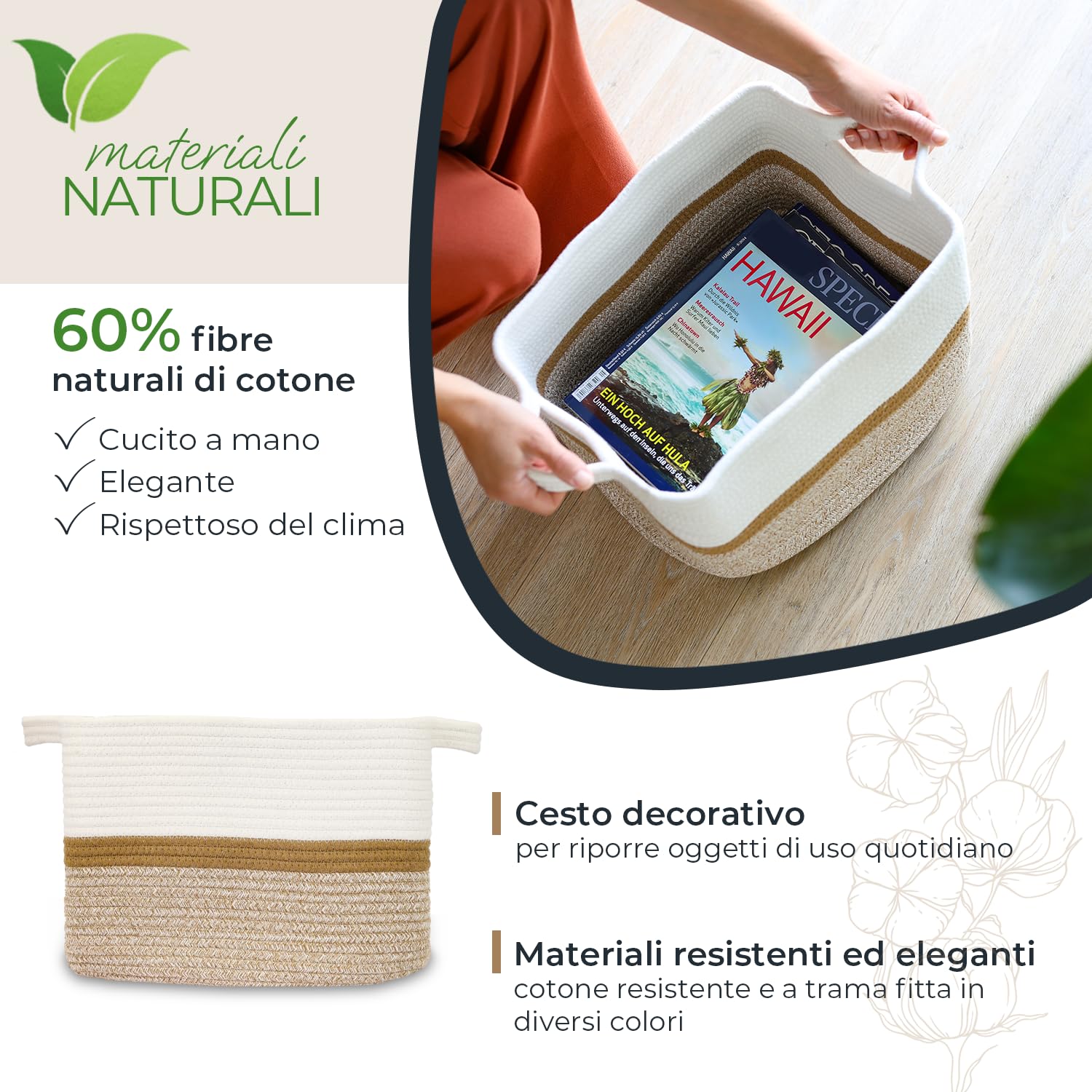 Cestino portaoggetti HMF con manici allungati, cestino in cotone | 36 x 30 x 25 cm | Bianco-Marrone