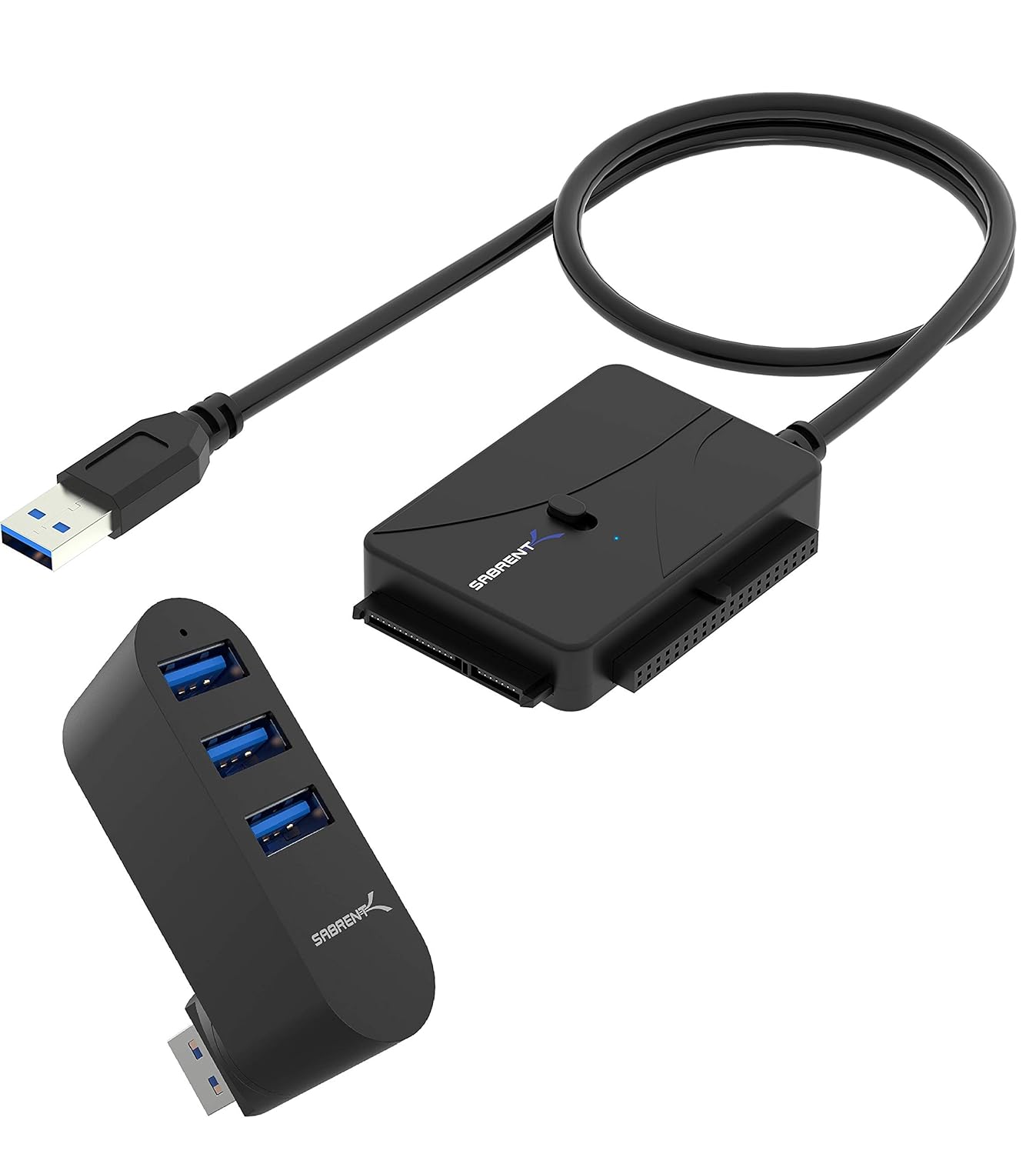 3 Port Aluminum Mini USB 3.0 Hub [90°/180° Degree Rotatable]+ USB 3.0 to SSD/SATA/IDE 2.5/3.5/5.25-INCH Hard Drive Converter with UL Power Supply