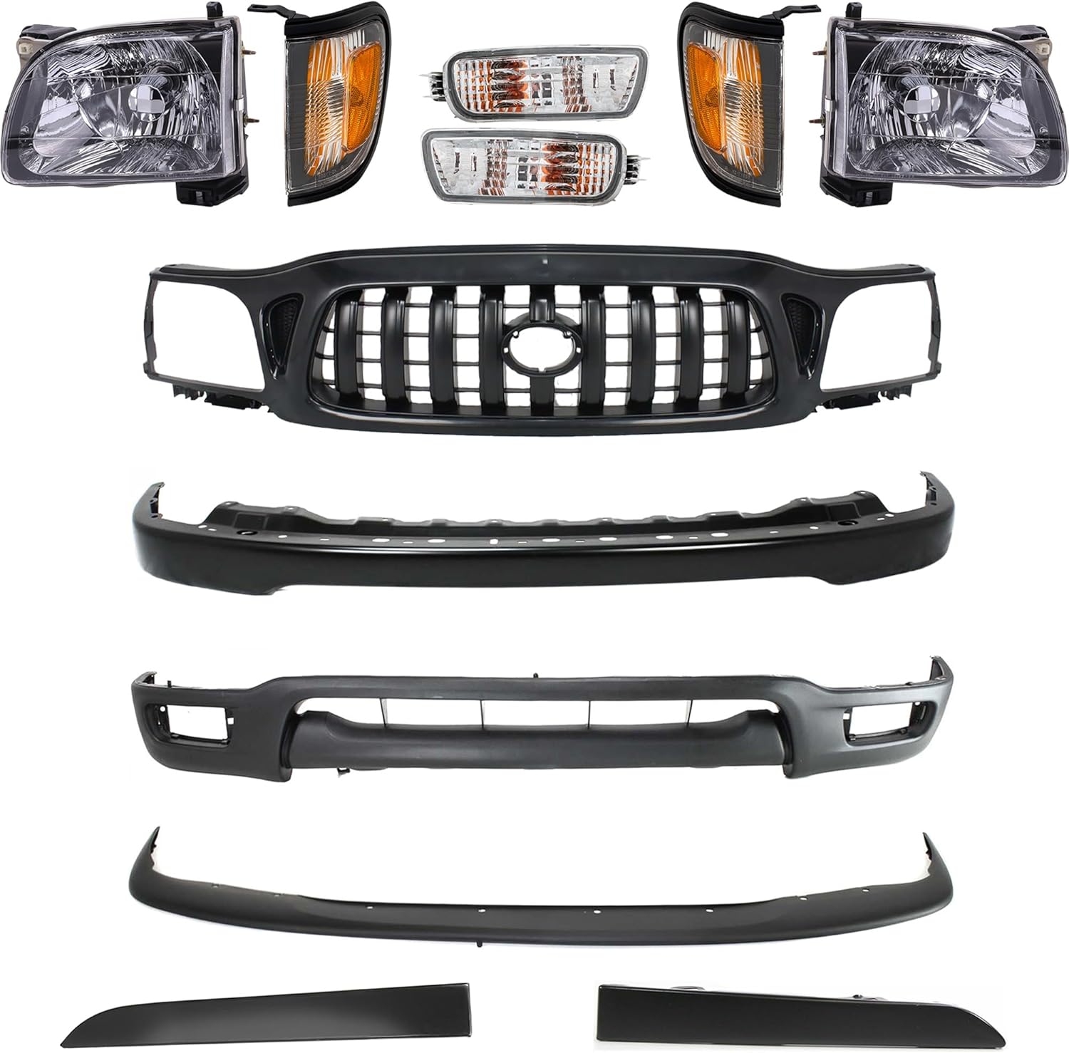 Go-Parts - Front Bumper Kit for 2001-2004 Toyota Tacoma, 12-Piece Set with Bumper, Bumper Trim, Corner Lights, Grille Assembly, Headlights, Fillers for Headlights, Turn Signal Lights, and Valance