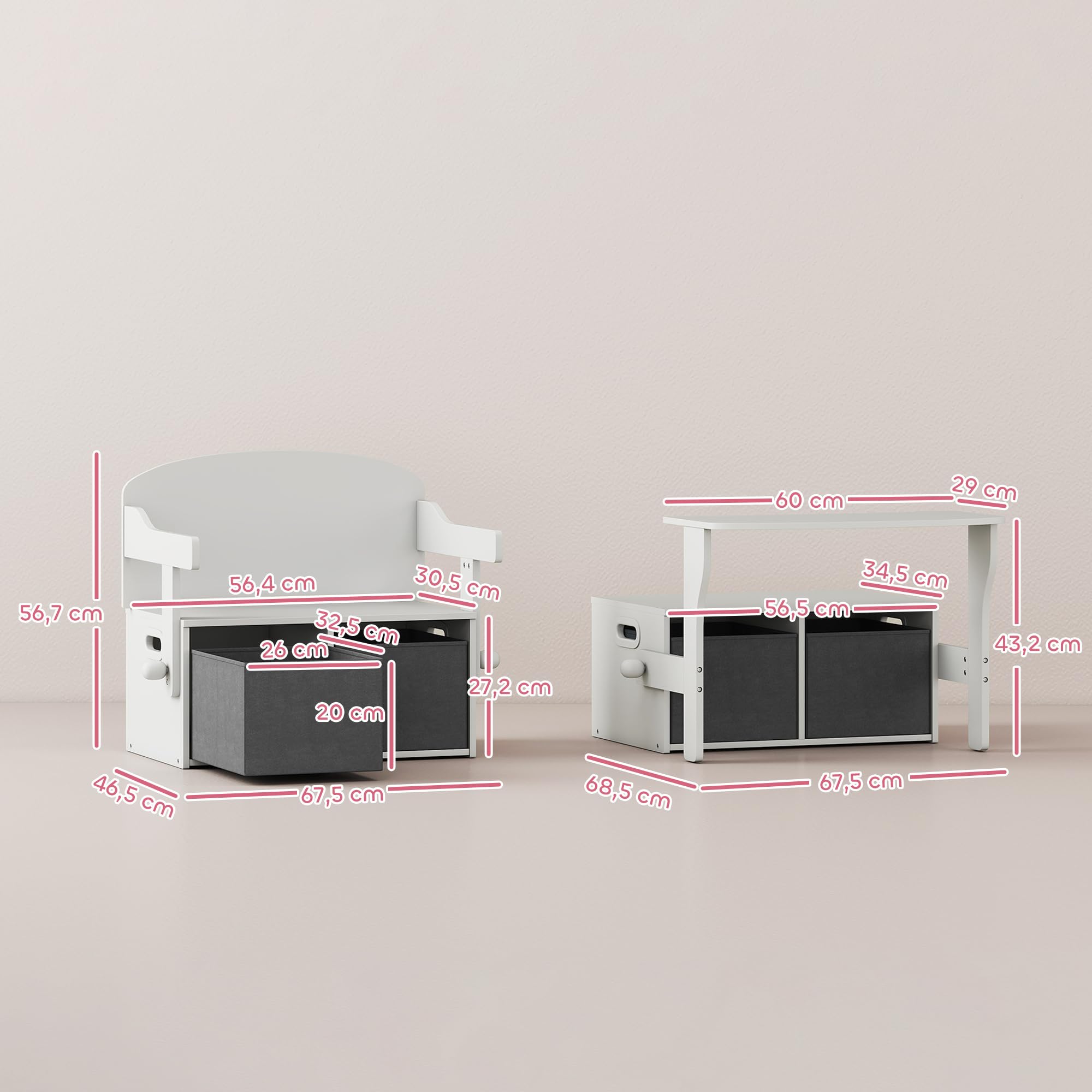 AIYAPLAY Banco Infantil Convertible 3 en 1 Baúl con Mesa 3-6 Años Blanco | Juego de Mesa y Silla, Cubos de Tela Extraíbles, Banco de Almacenaje, Mueble Multifuncional