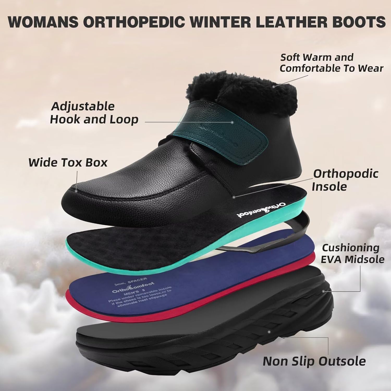 Women's Orthopedic Leather Winter Ankle Boots: Comfortable Wide Tox Box Warm Diabetic Arch Support Plantar Fasciitis Dress Oxfords, Orthotic Casual Hook and Loop Walking Shoes for Foot and Heel Pain - Image 7