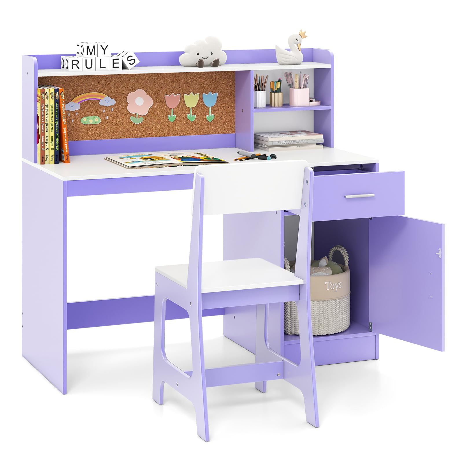 Costzon Kids Desk and Chair Set with Bulletin Board for Ages 5-12 (Purple)
