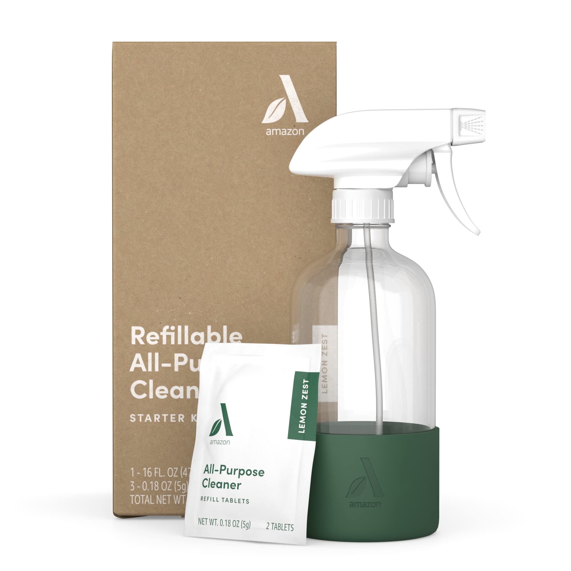 Amazon Aware Refillable All-Purpose Cleaner Starter Kit, Reusable Glass Bottle with Silicone Sleeve, Lemon Zest Scent, 16 oz Bottle + 3 Tablet Sachets