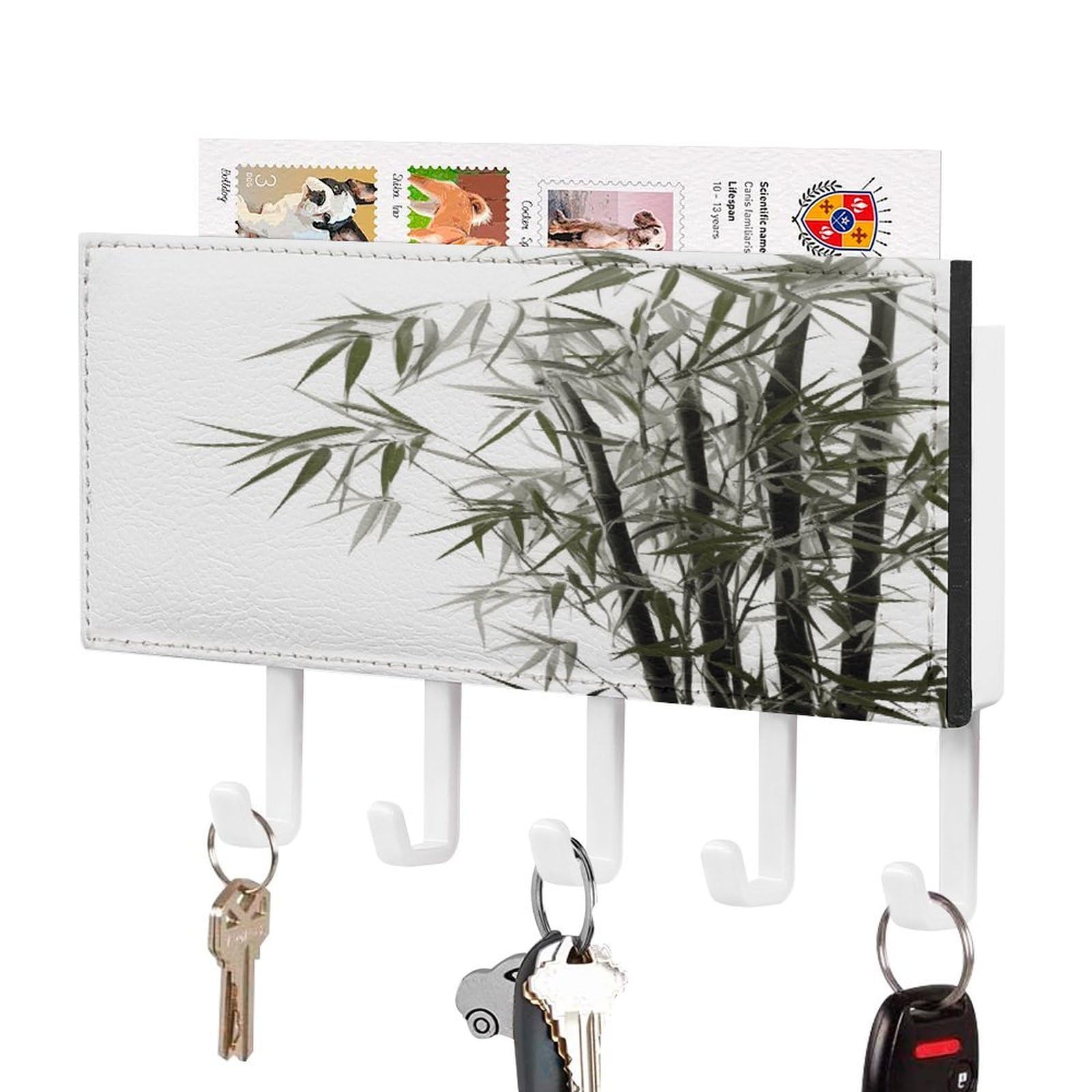 Fekiloot White-Style Asian Bamboo Key Holder Wall Mount Key Hanger With 5 Hooks Decorative Key Rack Hanging Key Hooks With Mail Organizer Key Holder For Wall Living Room Kitchen Bathroom Hallway White