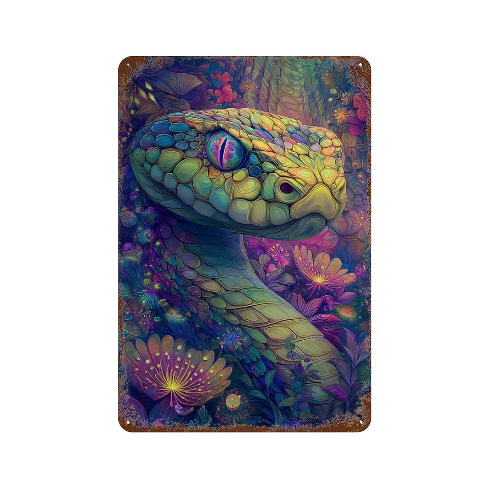 Rustic Tin Plaque Colorful Snake in Amazon Rainforest 11.8"x7.9", Vintage Wall Decor for Pub, Kitchen And Man Cave Decor