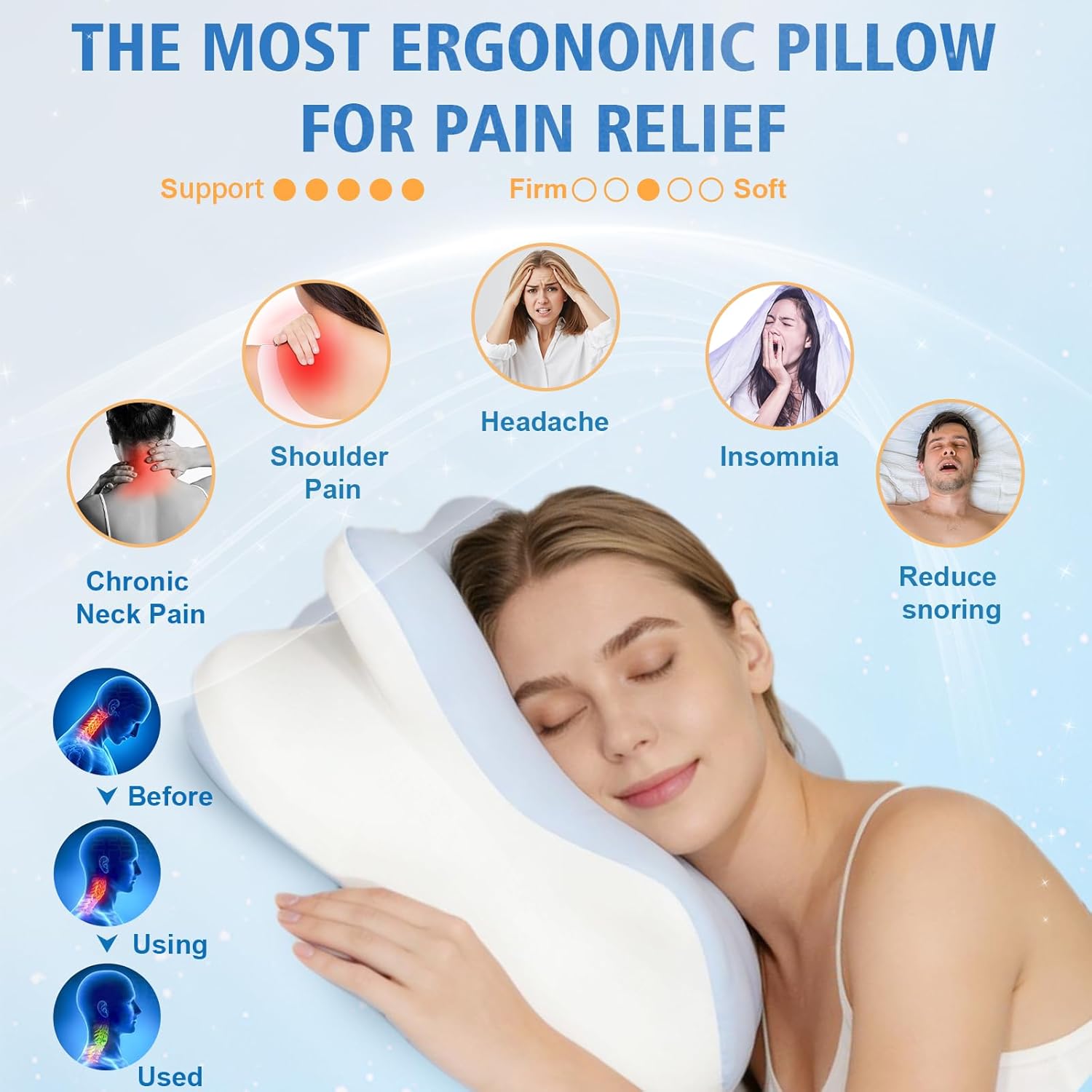 Cervical Neck Pillow for Pain Relief, Extended Ergonomic Contour Side Sleeper Pillow for Sleeping, Orthopedic Memory Pillow for Neck Support, Cooling Adjustable Pillow for Back and Stomach Sleeper