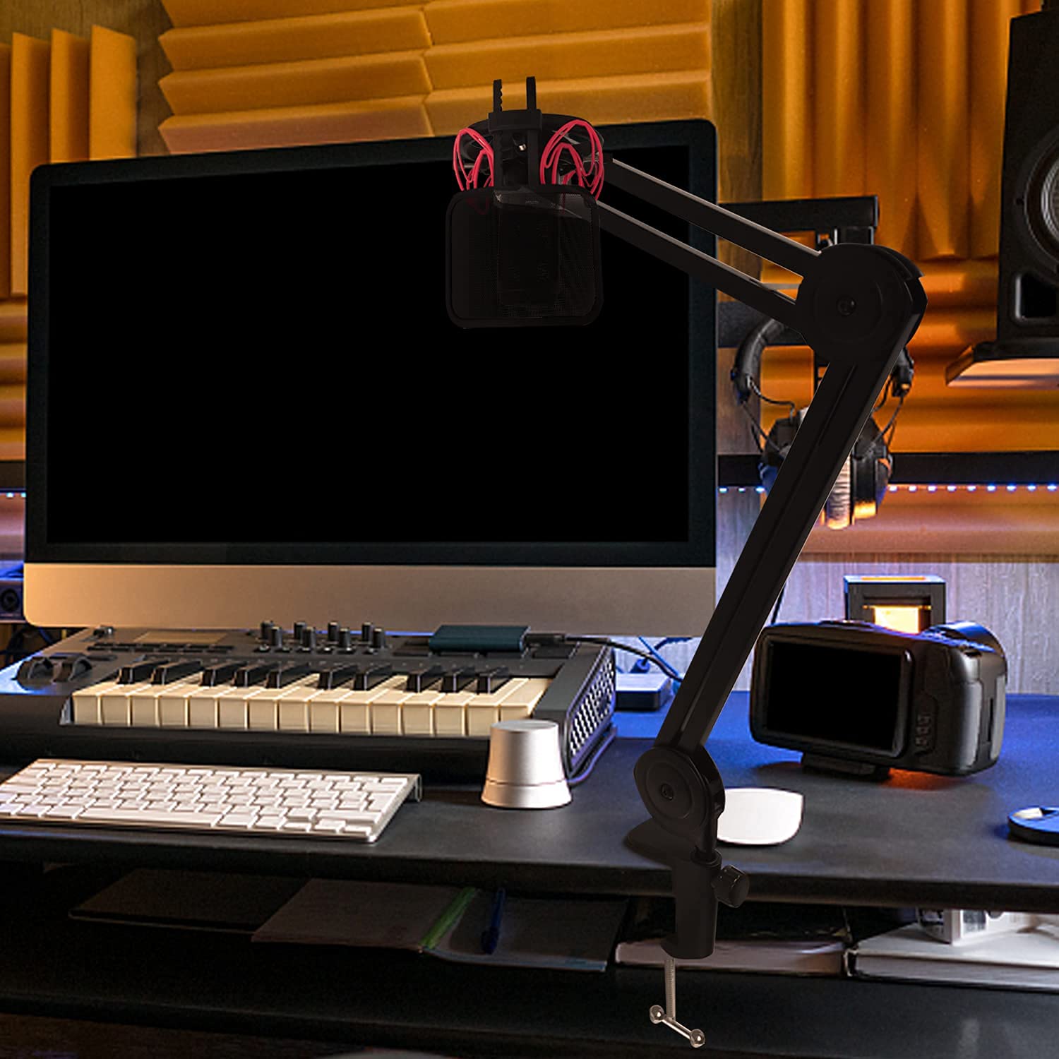 Universal-Mikrofon-Stoßhalterung mit Pop-Filter für alle Mikrofone mit einer Größe von 21 mm - 62 mm, inklusive Anti-Vibrationsmikrofonhalterung und Pop-Filter (rot)