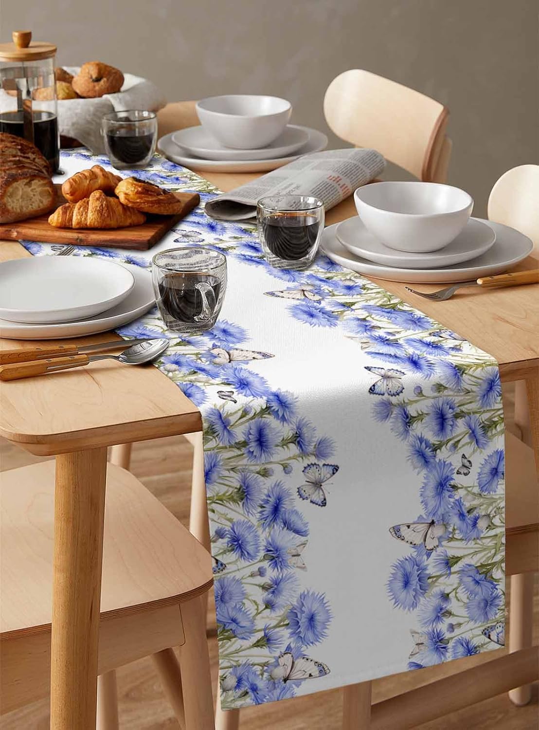 Linen Table Runner, Spring Farmhouse Style Plant Blue Flowers Butterfly Table Runners for Catering Events, Dinner Parties, Wedding, Spring Holiday, Indoor Outdoor Parties - 13x70 inch