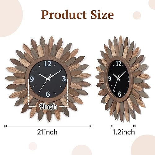 Miniatura 2 de Honiway Reloj de pared grande de 21 pulgadas, funciona con pilas, de madera rústica, estilo bohemio, reloj de pared decorativo, silencioso, sin
