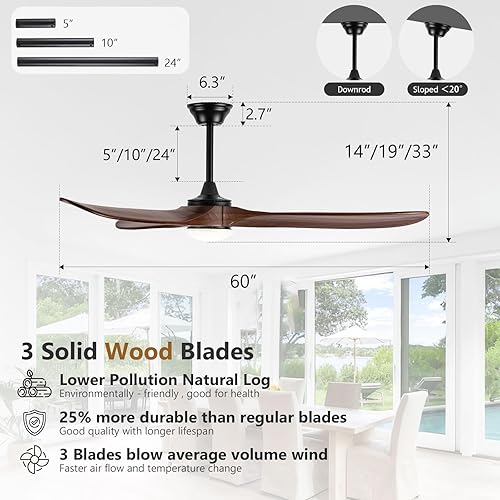 Miniatura 6 de Ventiladores de techo negros de 60 pulgadas con luces y control remoto, ventiladores de techo industriales modernos y grandes, ventilador de techo