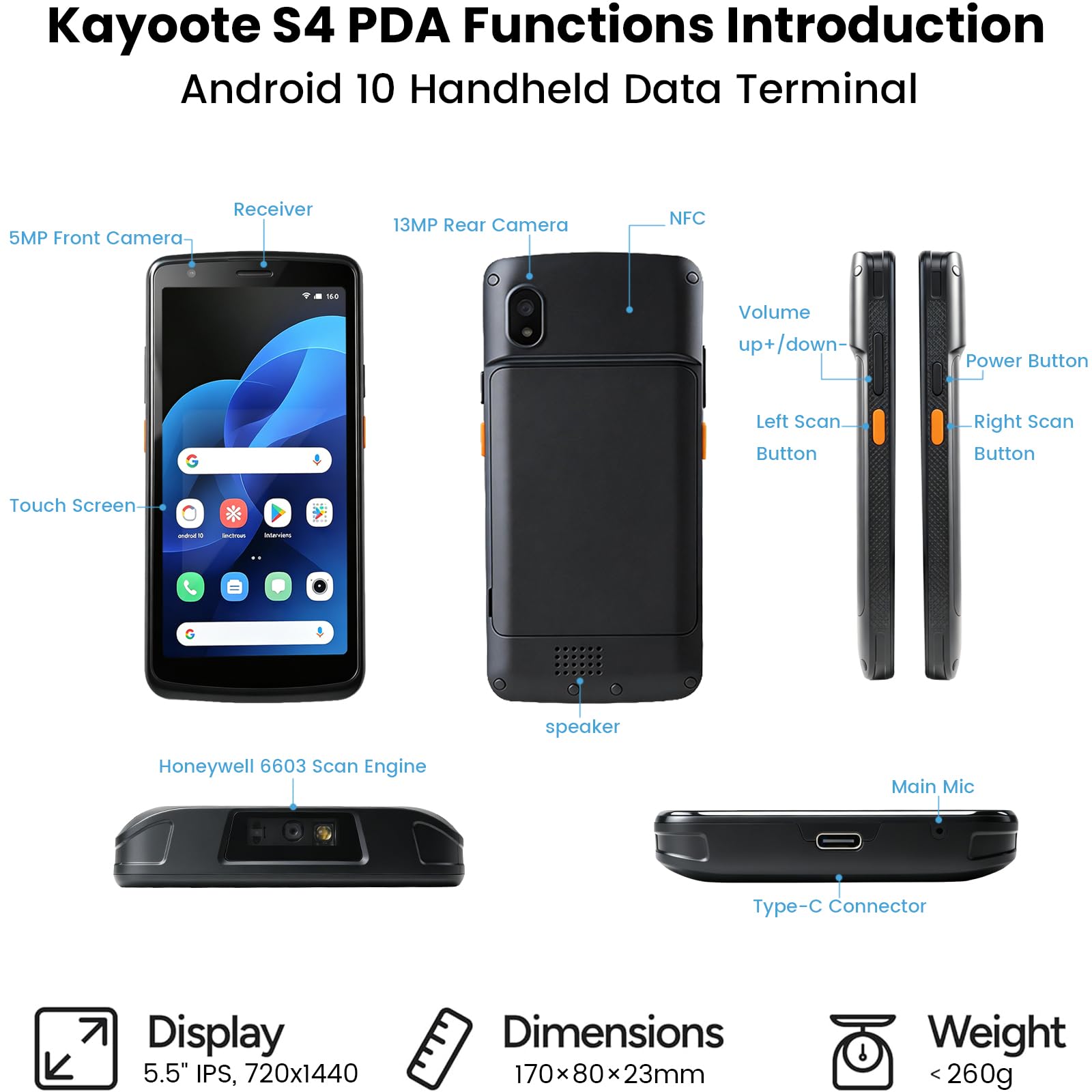 Kayoote S4 Scanner di Codici a Barre Android 10, PDA Computer Mobile Schermo Intero 5.5", Android PDA 4+64GB, Motore Scansione 6603, Terminale Dati Palmare, Nano SIM, Scanner 1D/2D/QR, Inventario