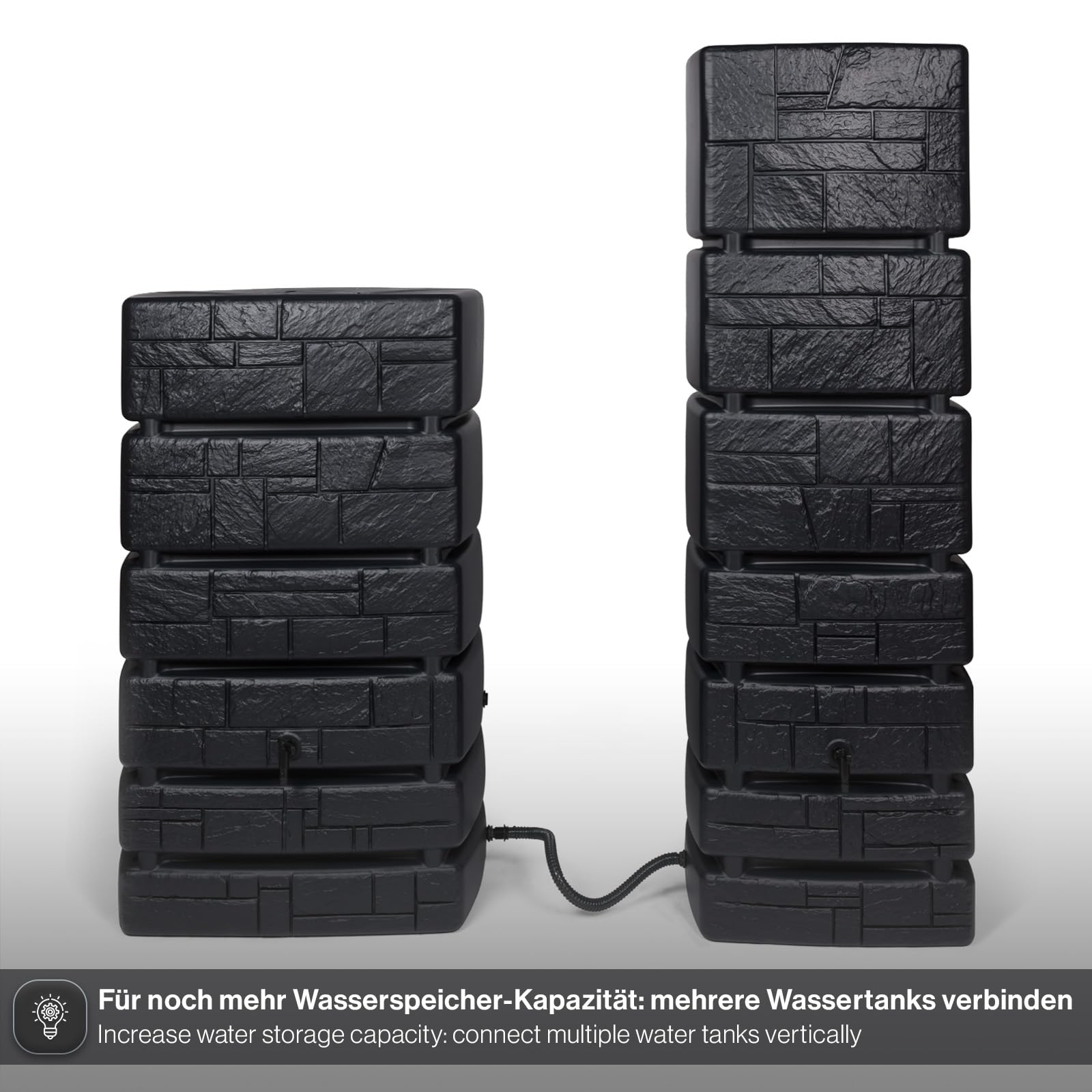 Kreher Wassertonne XXL Tower Stone mit Wasserhahn (Anthrazit) | Regentonne in Stein-Optik, 350 L, Maße 57,5 x 38,4 x 180 cm, zur Gartenbewässerung
