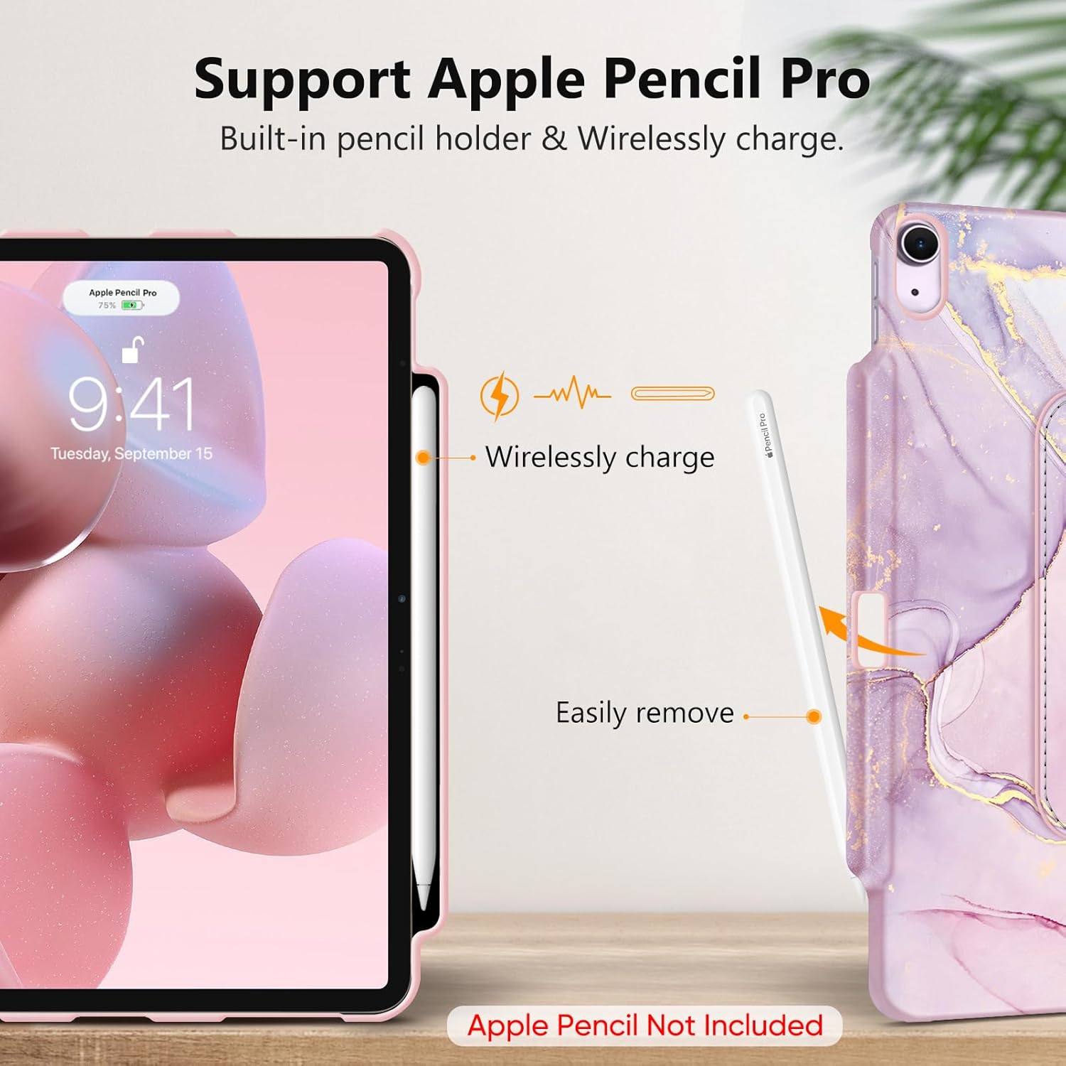 Image illustrating the built-in Apple Pencil holder and its support for wireless charging.